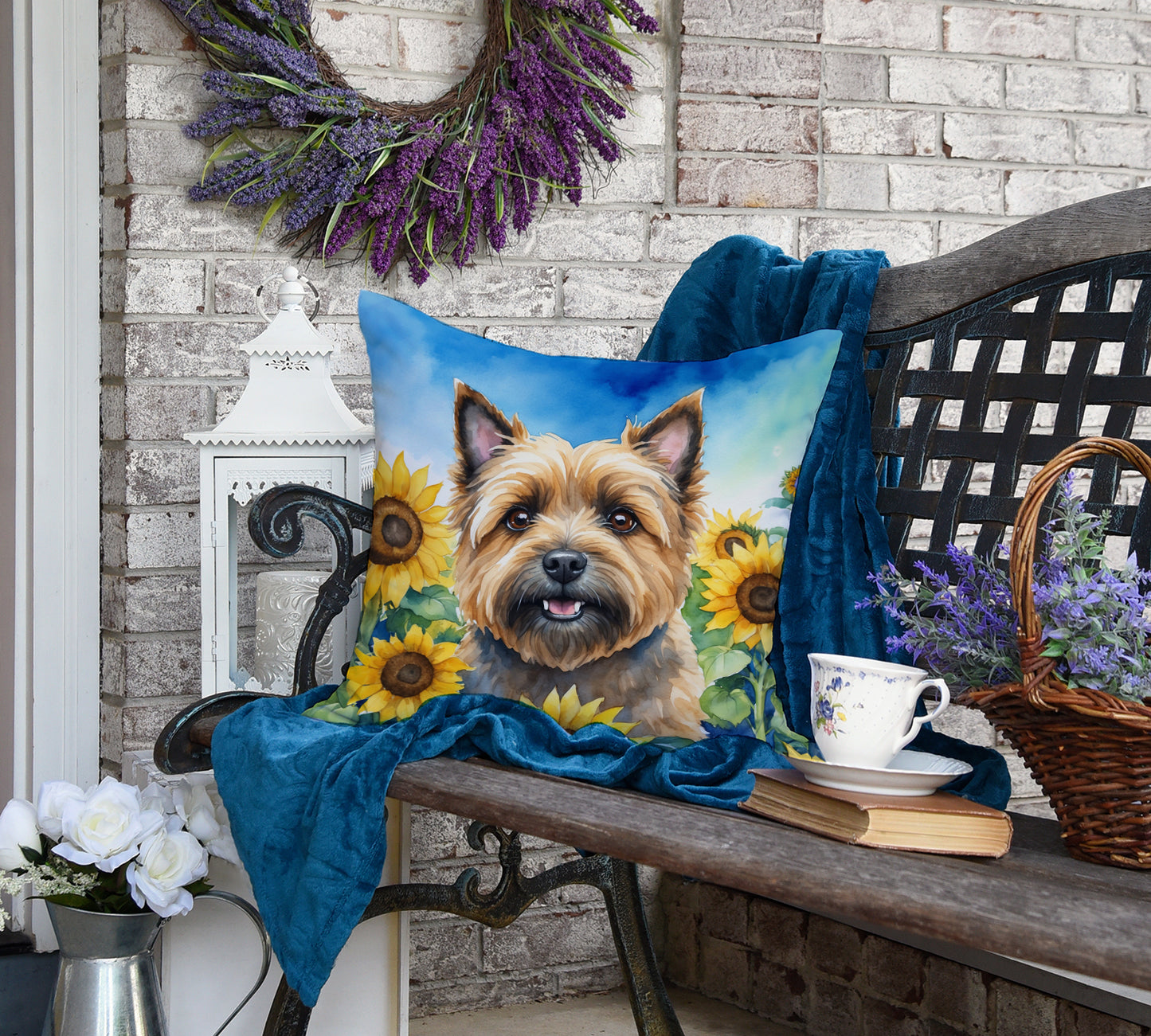 Cairn Terrier in Sunflowers Throw Pillow