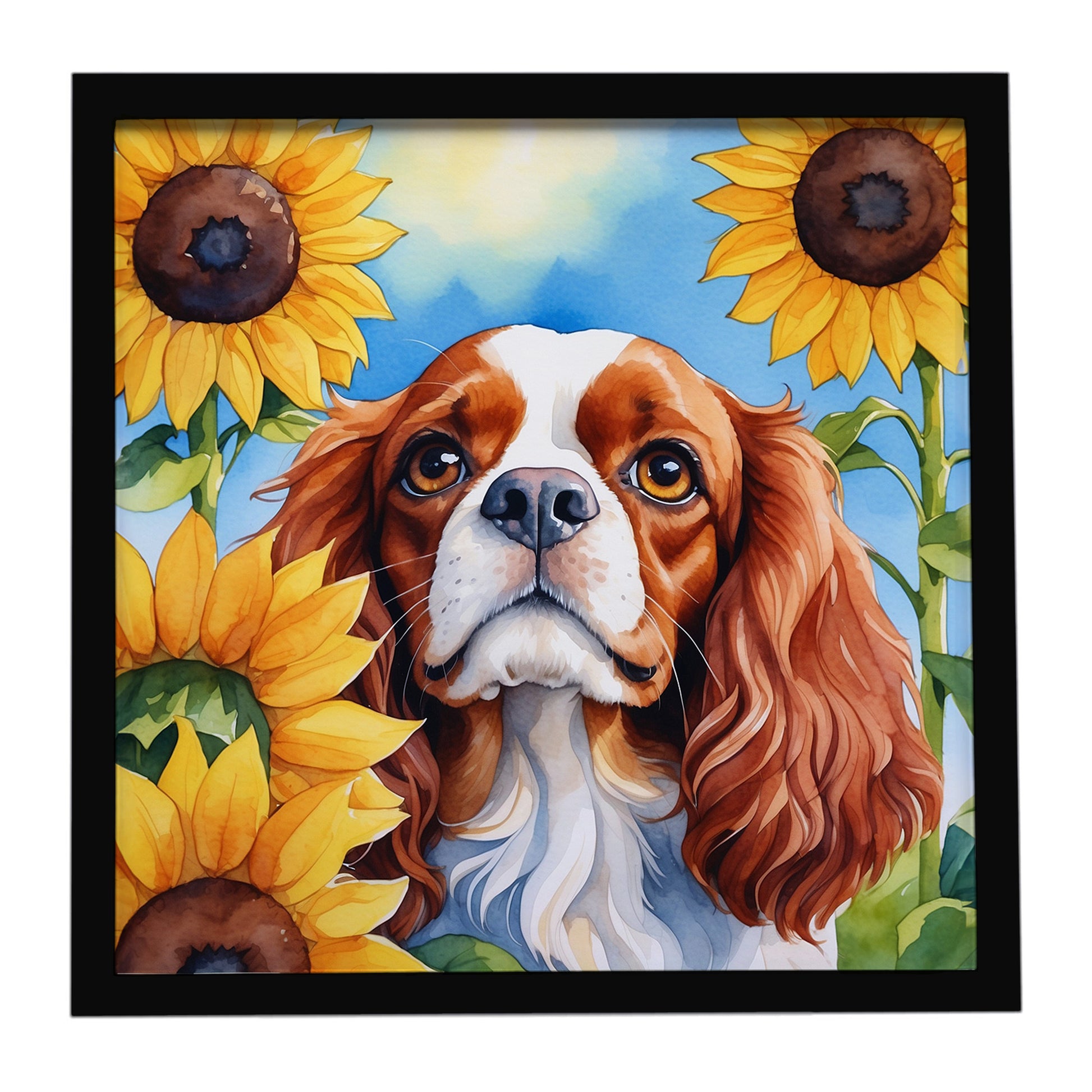 Buy this Cavalier Spaniel in Sunflowers Framed Metal Print