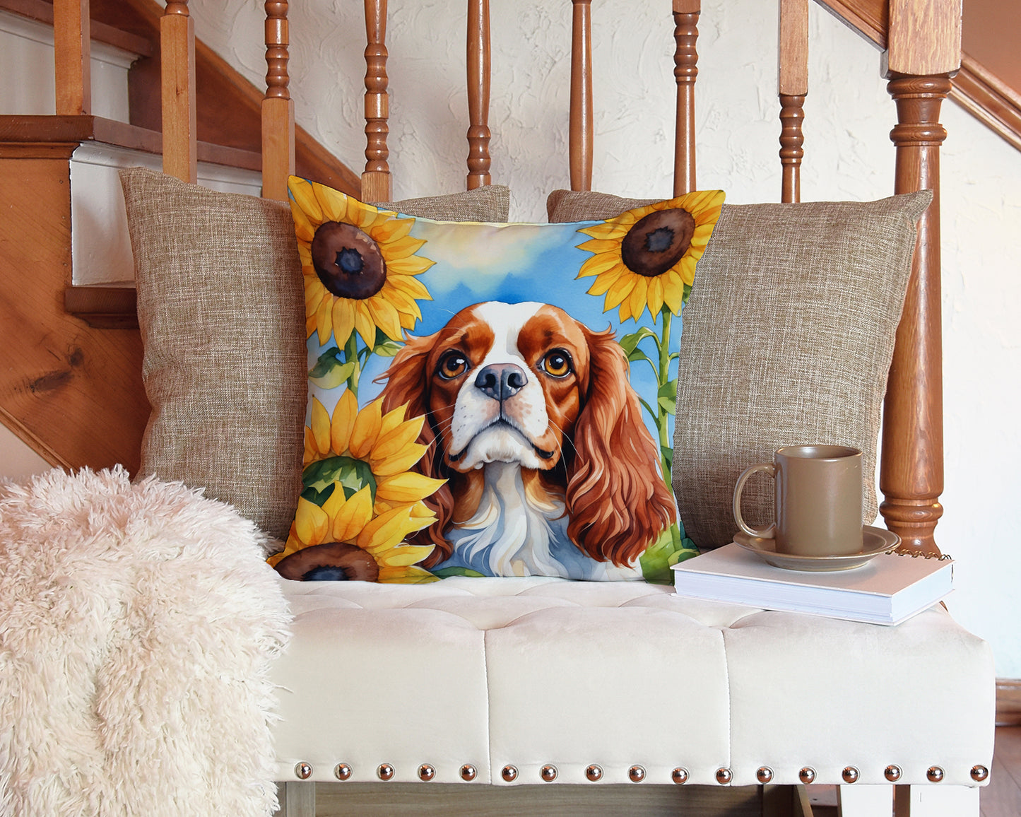 Cavalier Spaniel in Sunflowers Throw Pillow