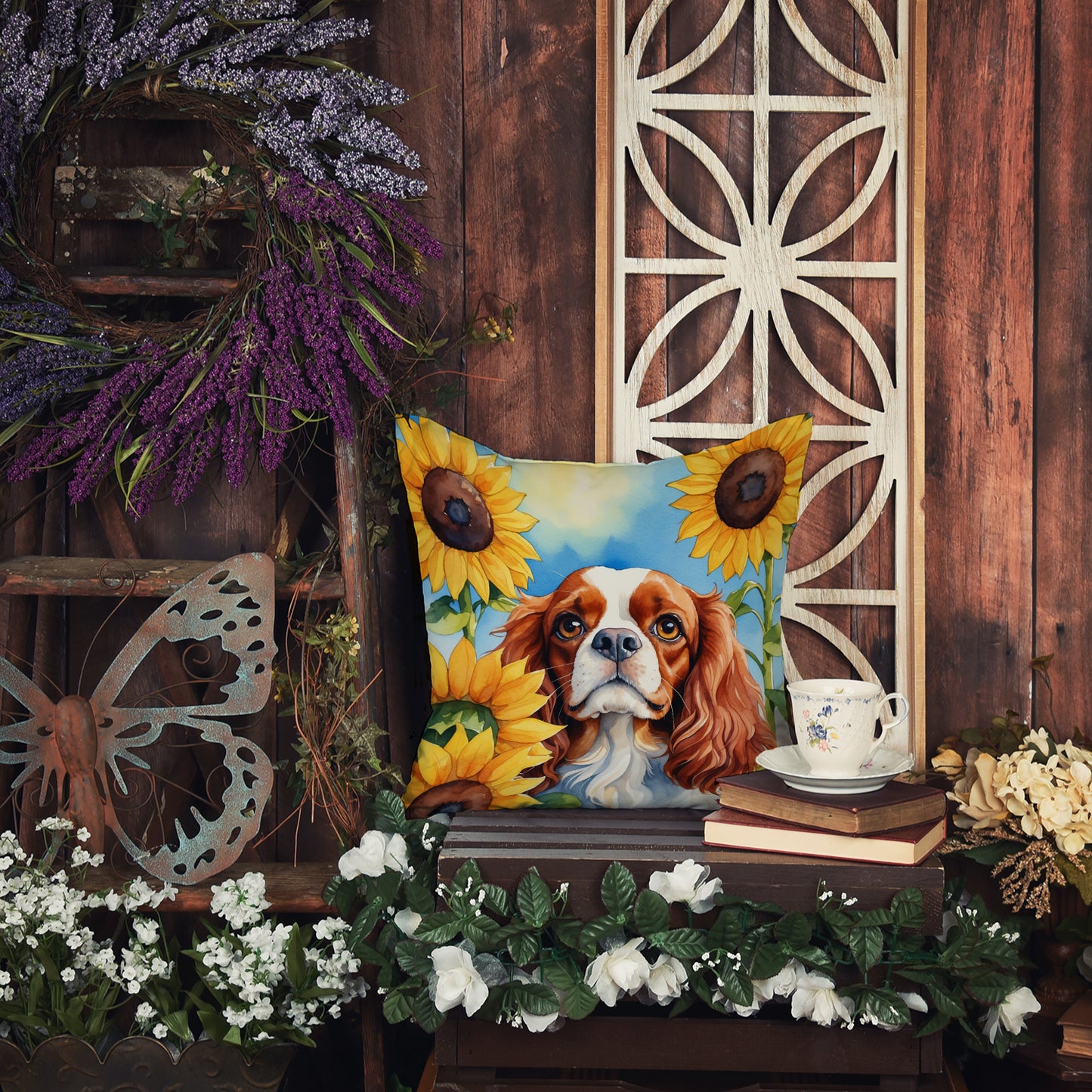 Cavalier Spaniel in Sunflowers Throw Pillow