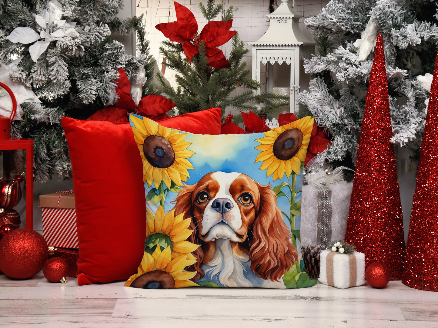 Cavalier Spaniel in Sunflowers Throw Pillow