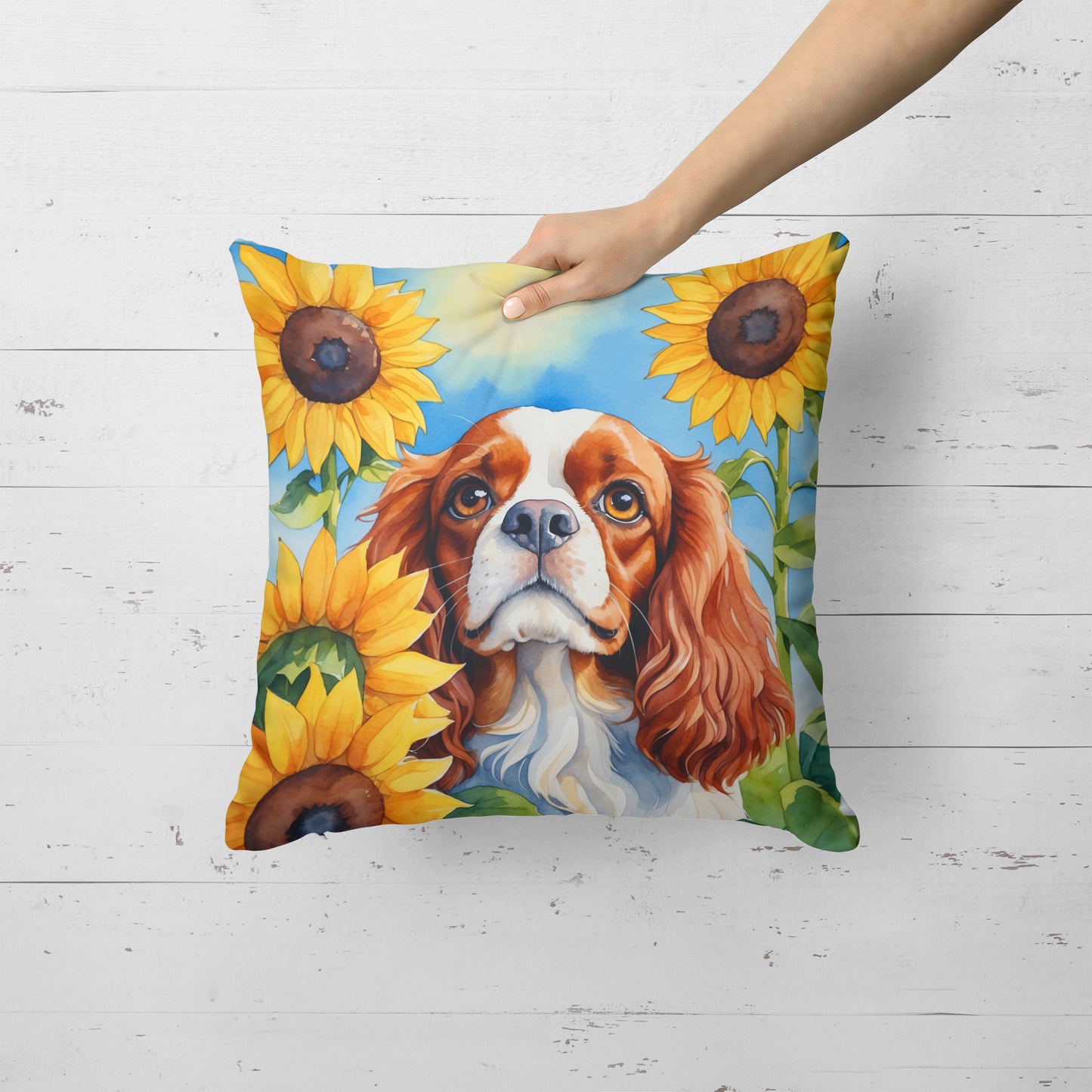 Cavalier Spaniel in Sunflowers Throw Pillow