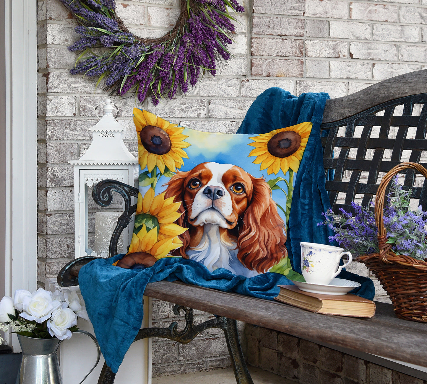 Cavalier Spaniel in Sunflowers Throw Pillow