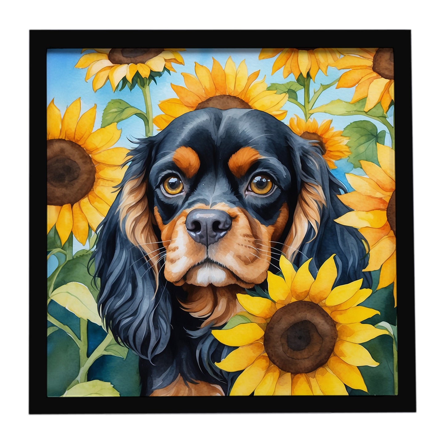 Buy this Cavalier Spaniel in Sunflowers Framed Metal Print