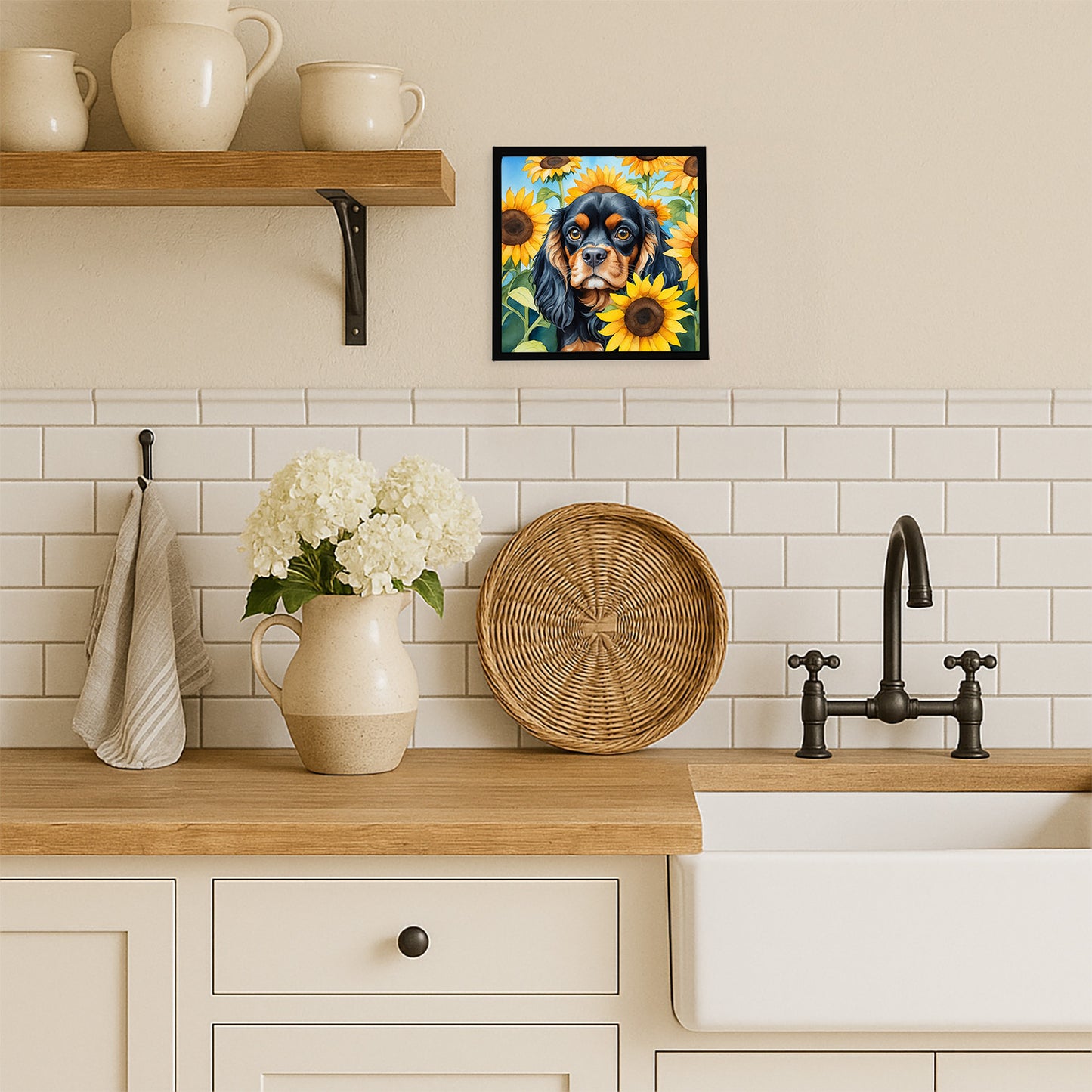 Cavalier Spaniel in Sunflowers Framed Metal Print