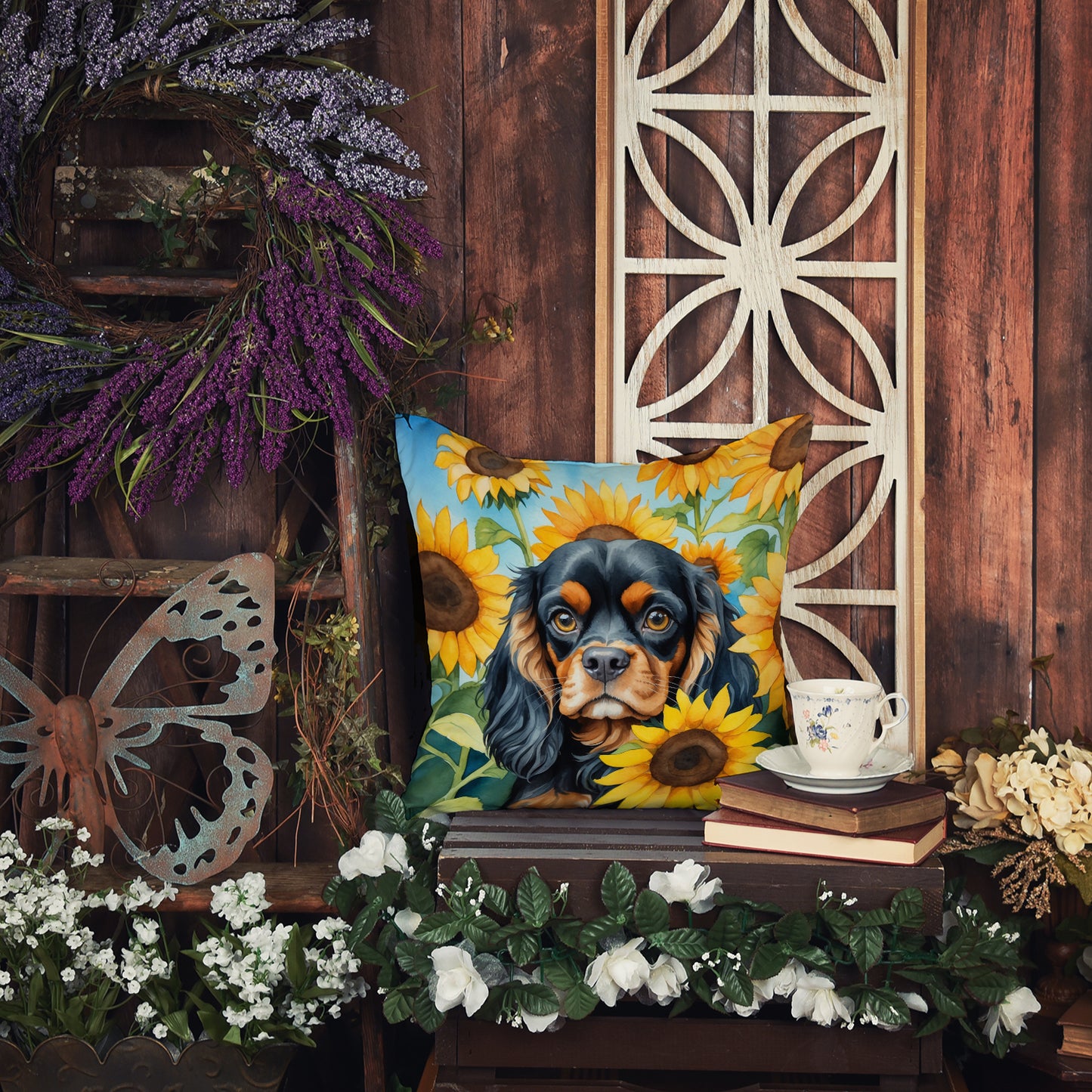 Cavalier Spaniel in Sunflowers Throw Pillow