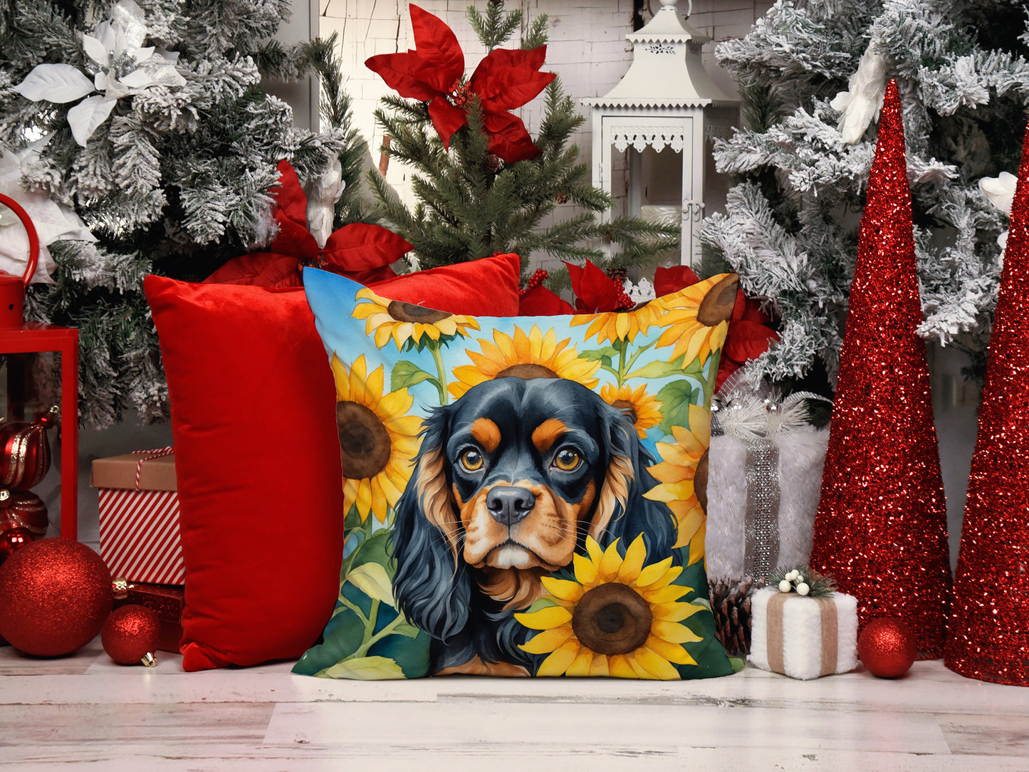 Cavalier Spaniel in Sunflowers Throw Pillow