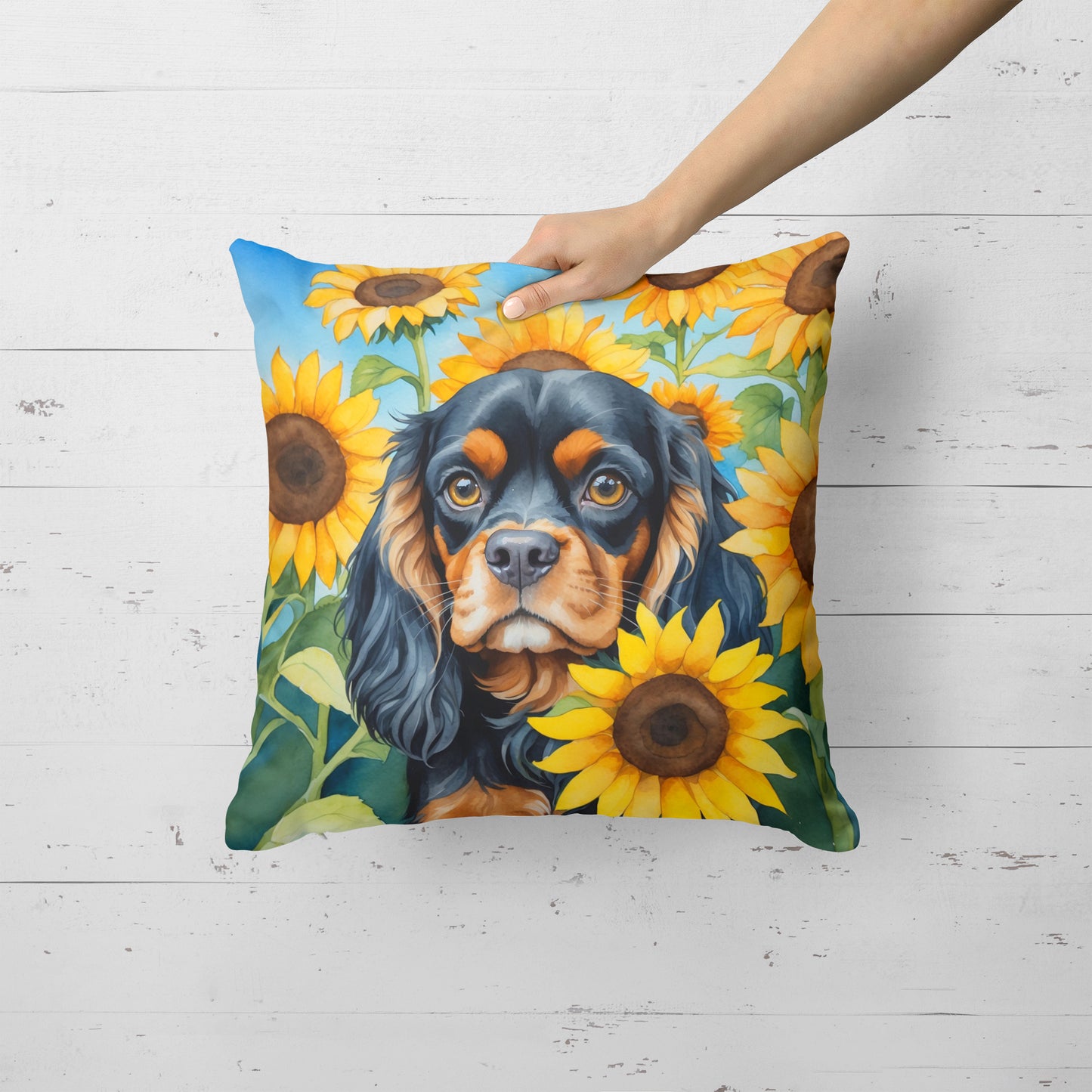 Cavalier Spaniel in Sunflowers Throw Pillow