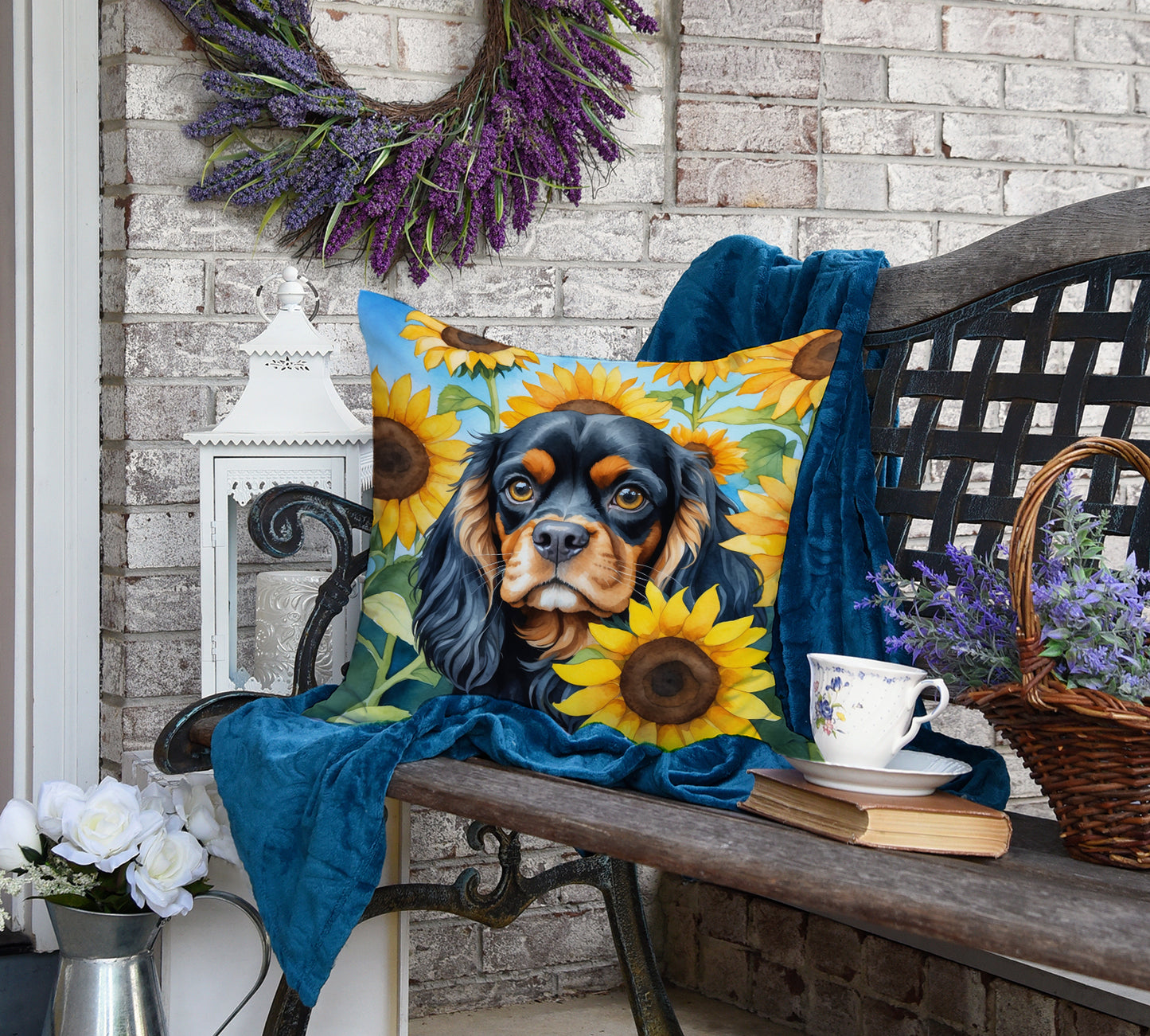 Cavalier Spaniel in Sunflowers Throw Pillow