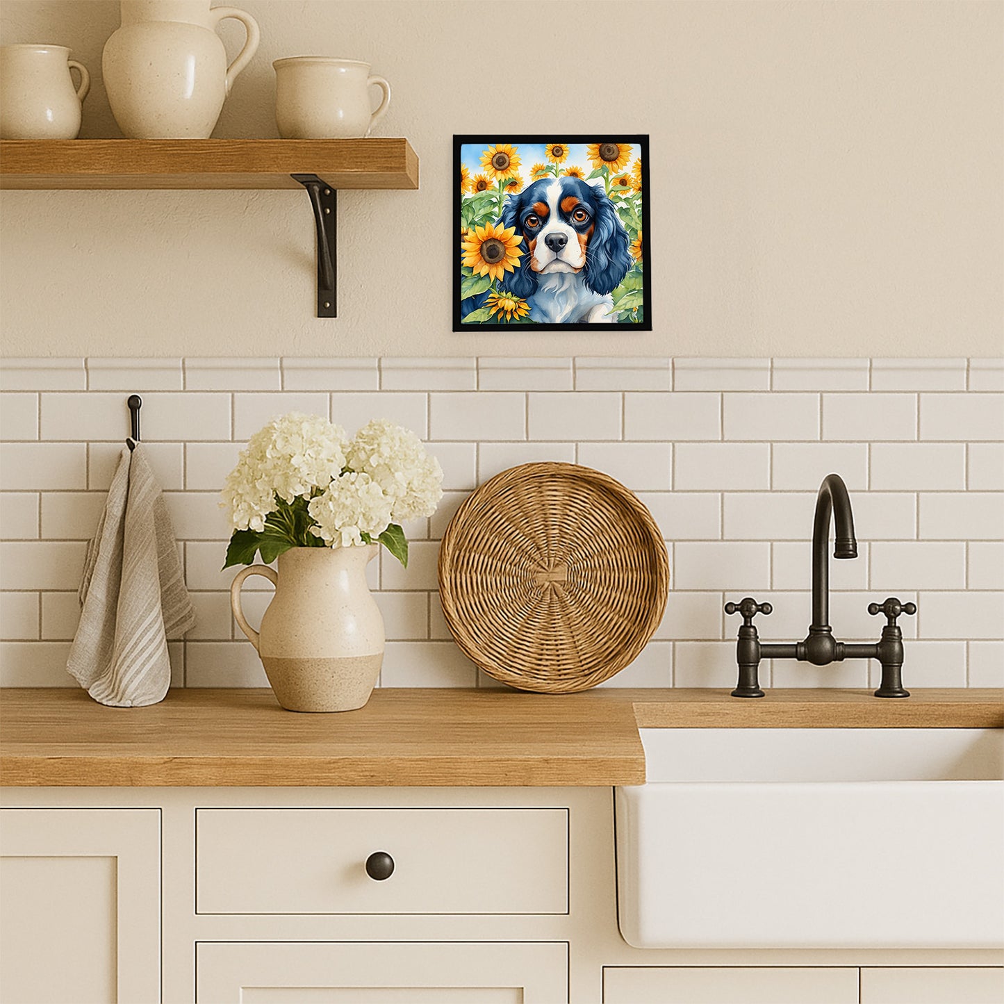 Cavalier Spaniel in Sunflowers Framed Metal Print