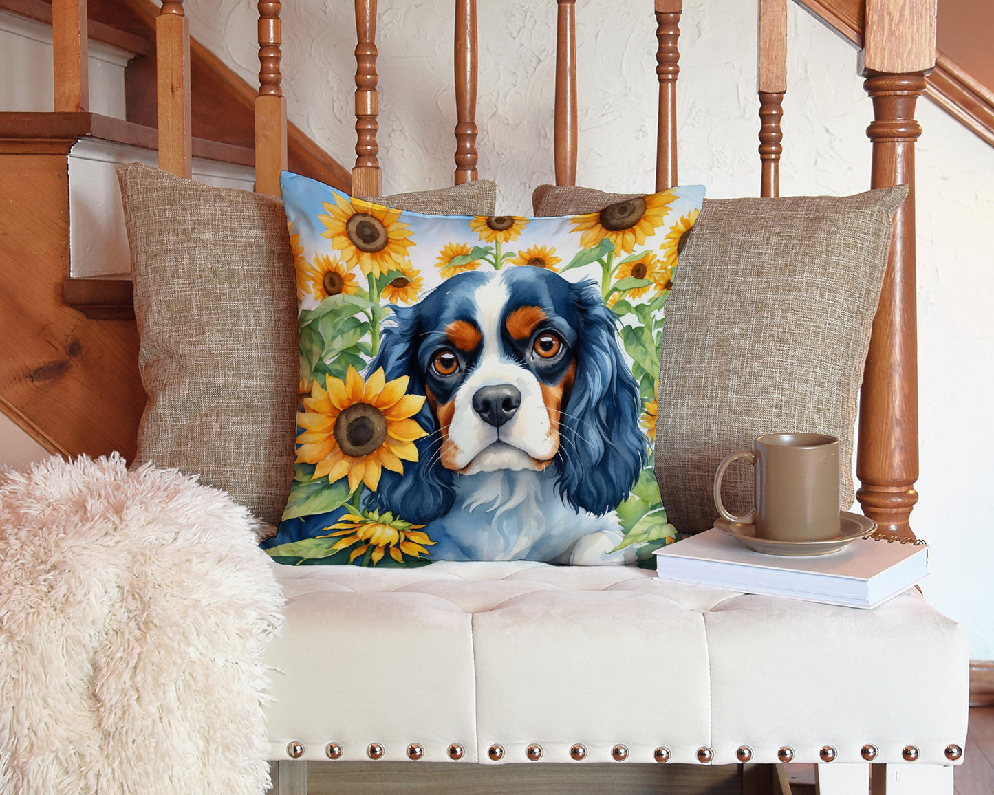 Cavalier Spaniel in Sunflowers Throw Pillow