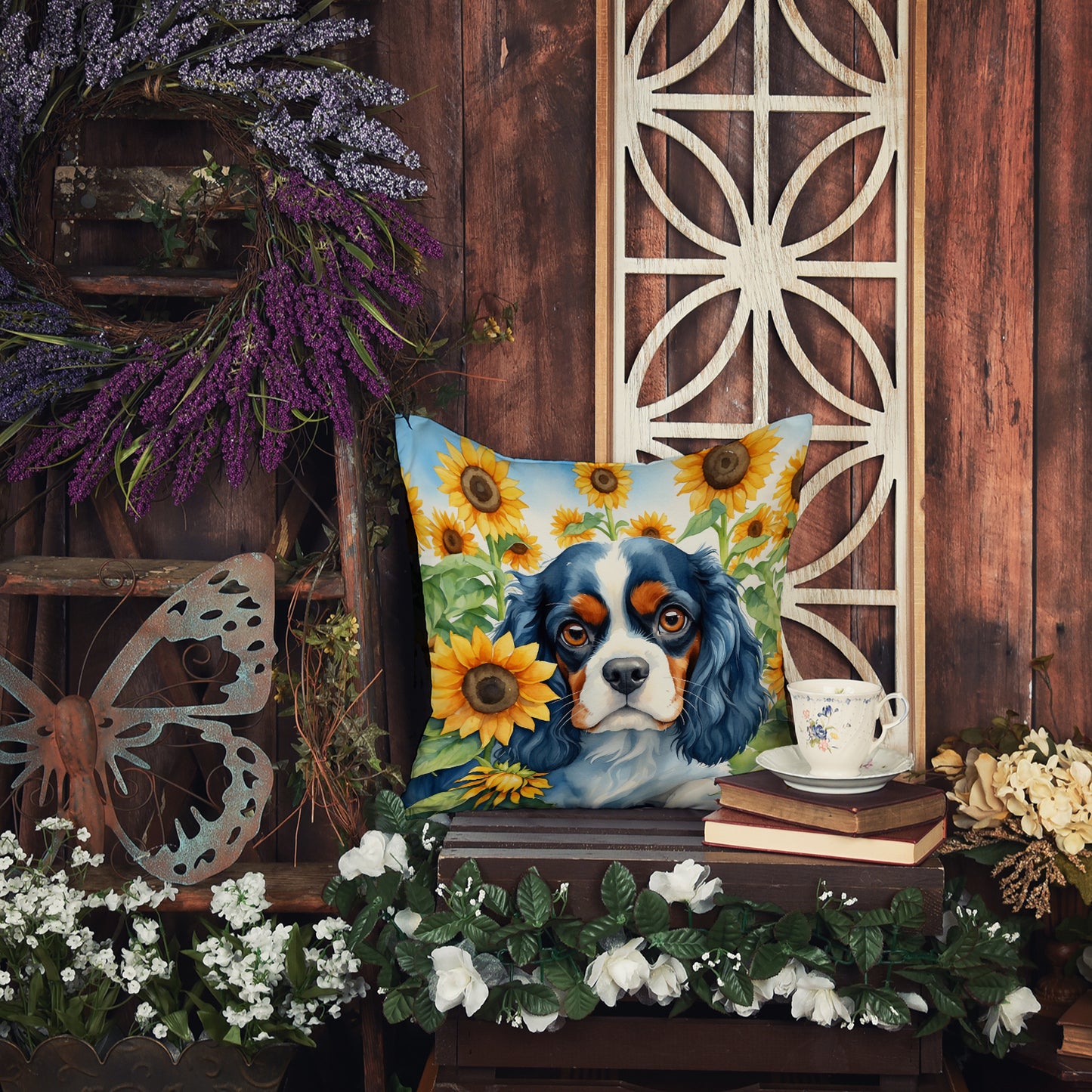 Cavalier Spaniel in Sunflowers Throw Pillow