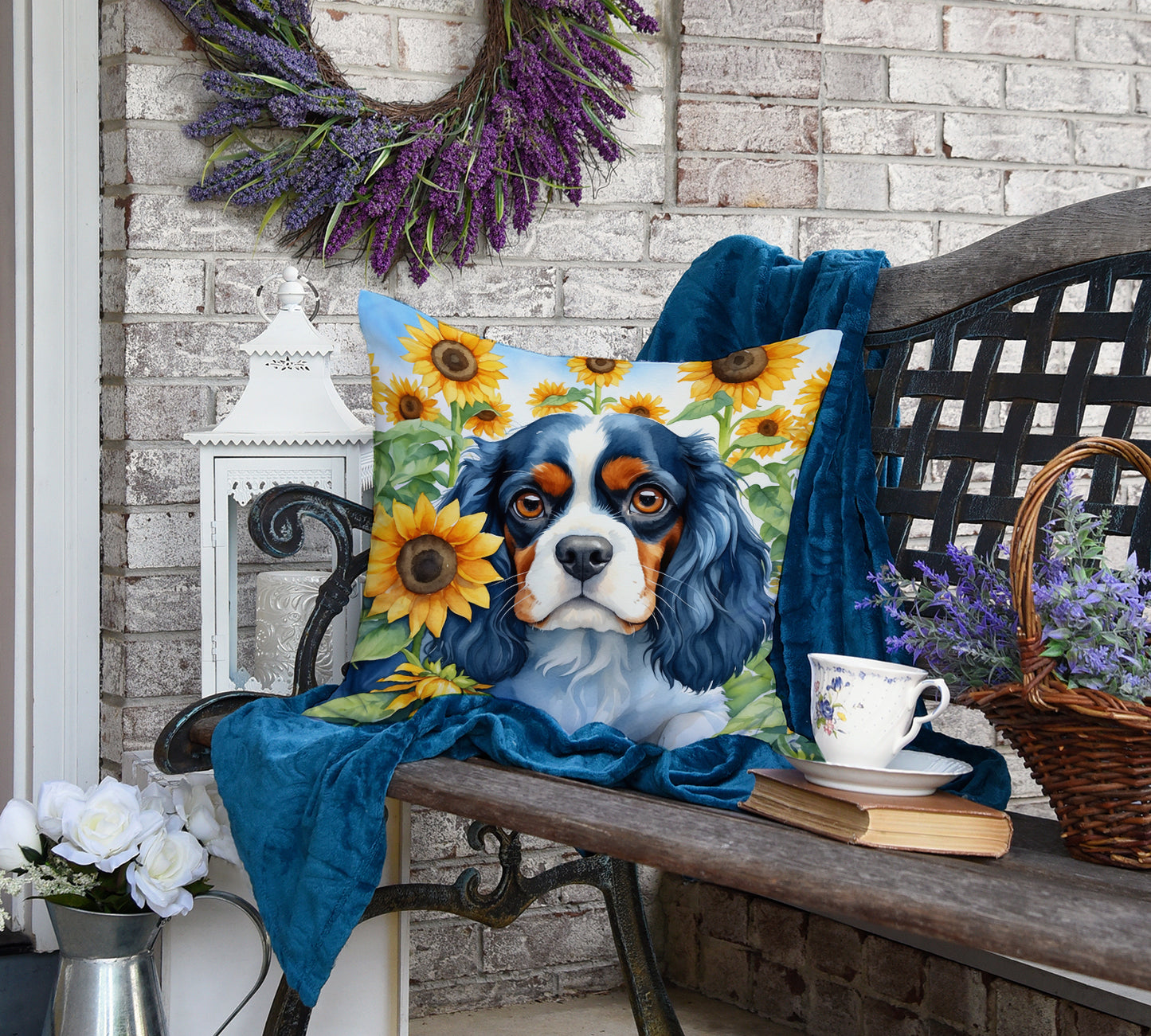 Cavalier Spaniel in Sunflowers Throw Pillow