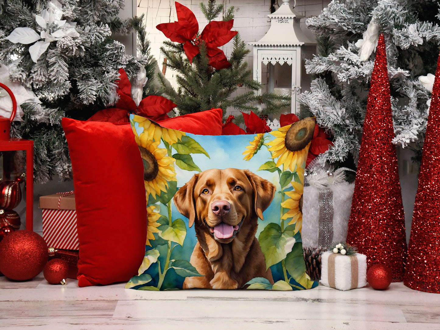 Chesapeake Bay Retriever in Sunflowers Throw Pillow