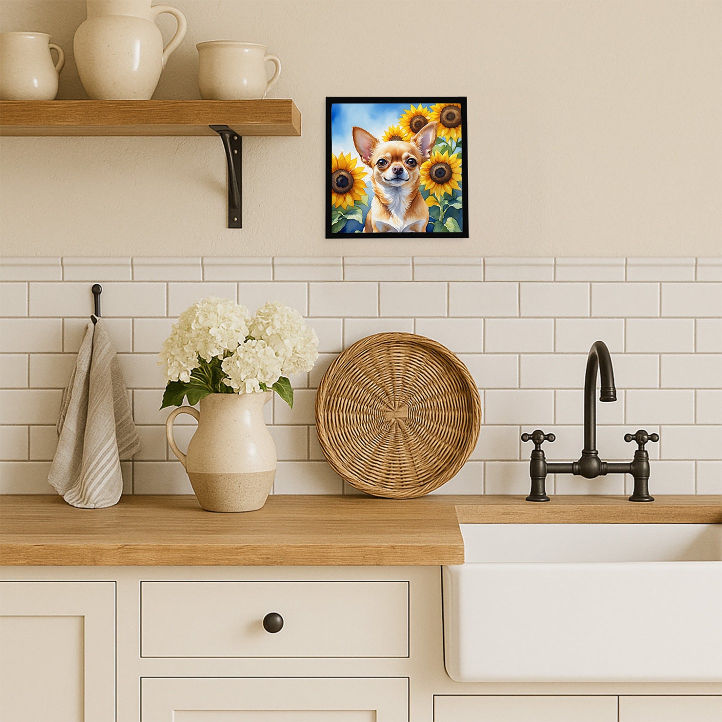 Chihuahua in Sunflowers Framed Metal Print