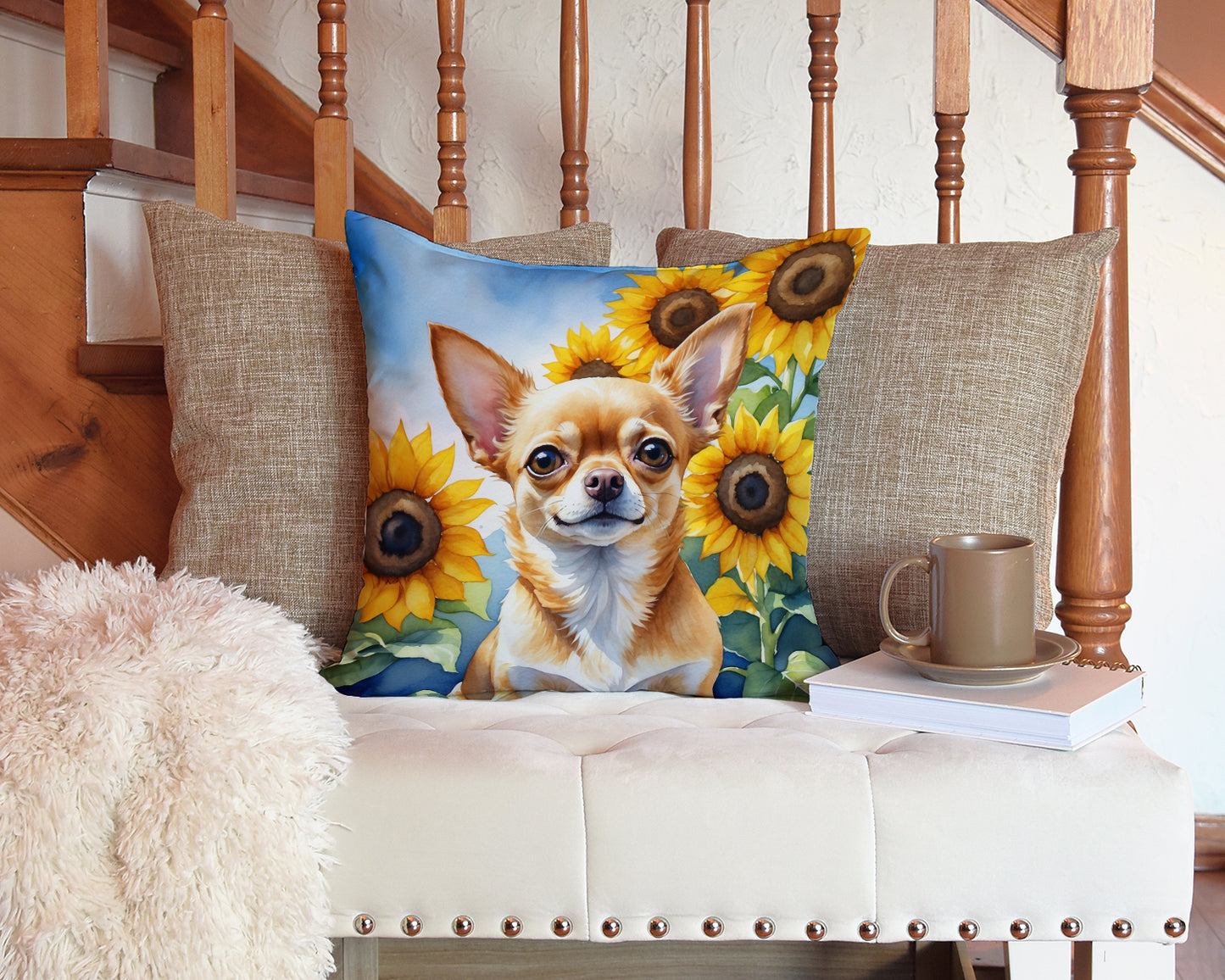 Chihuahua in Sunflowers Throw Pillow