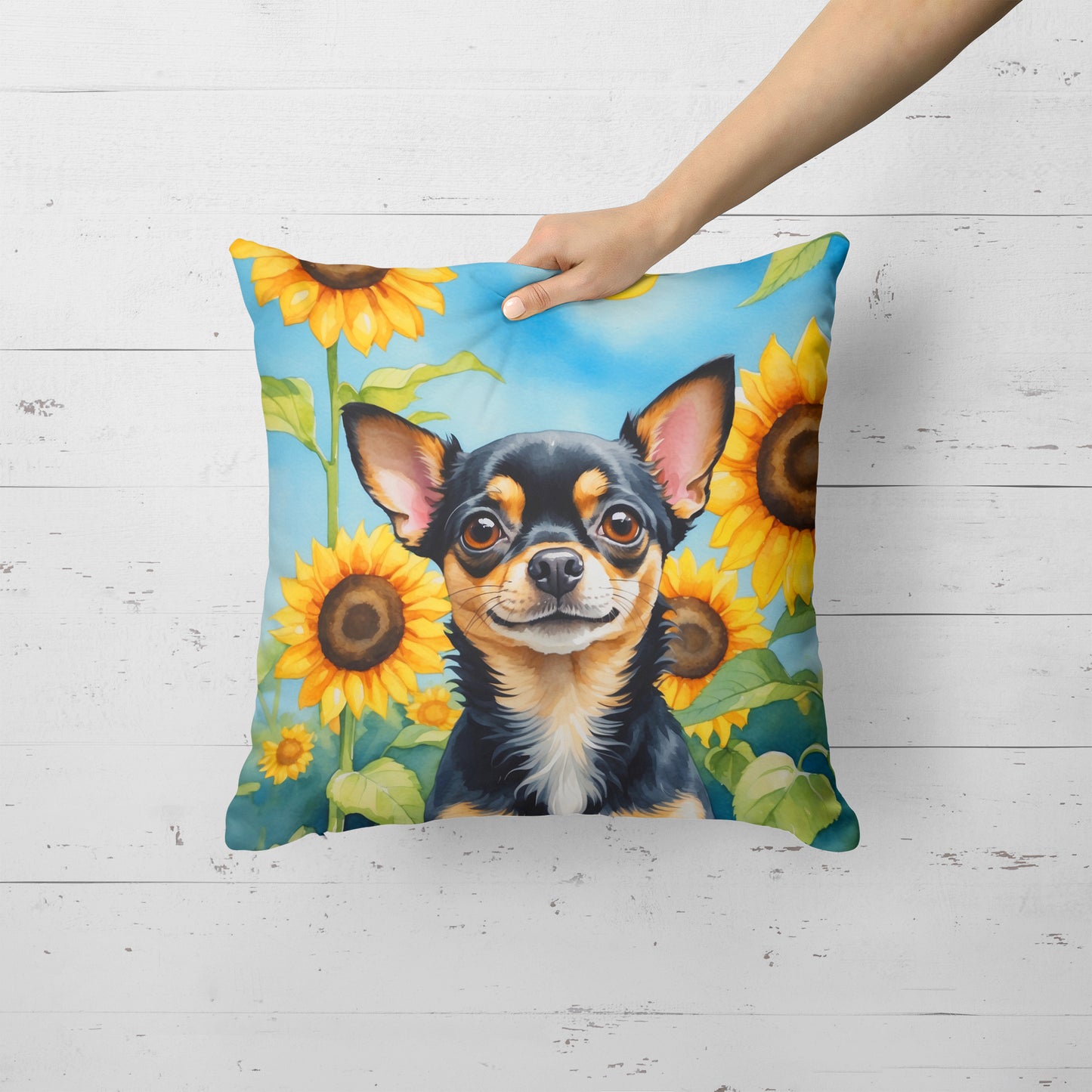 Chihuahua in Sunflowers Throw Pillow