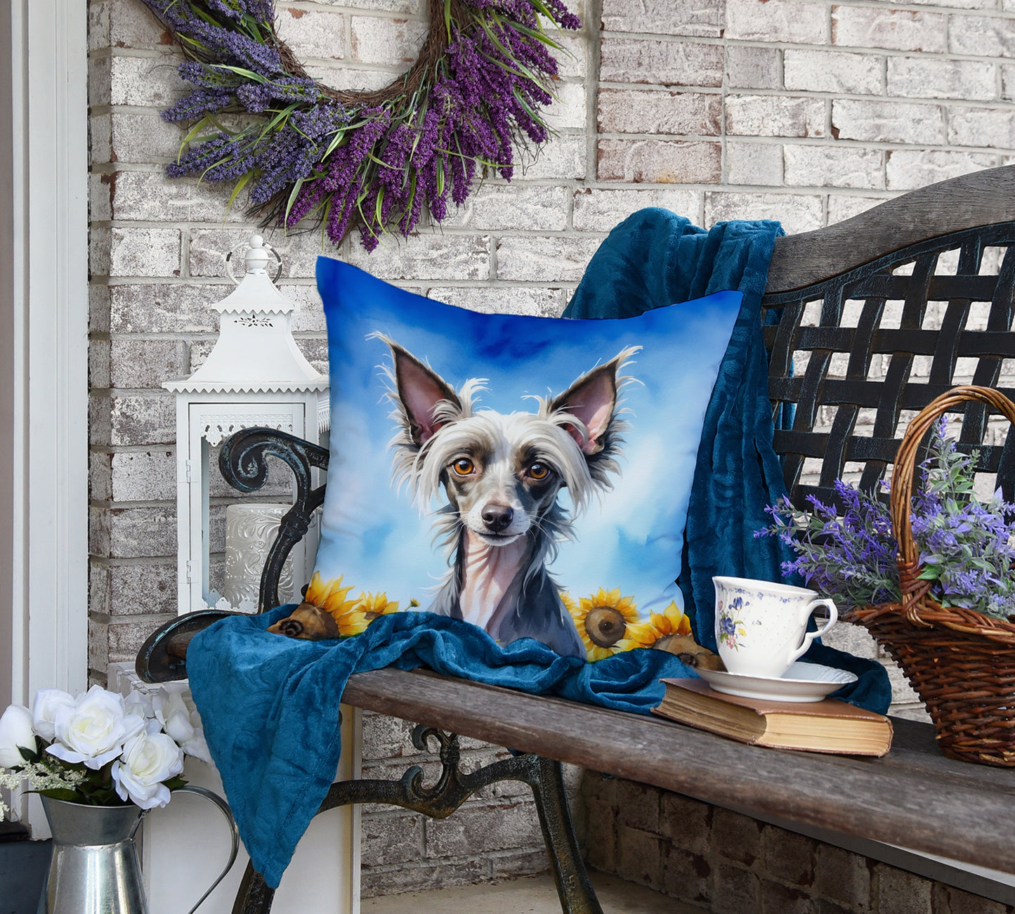 Chinese Crested in Sunflowers Throw Pillow