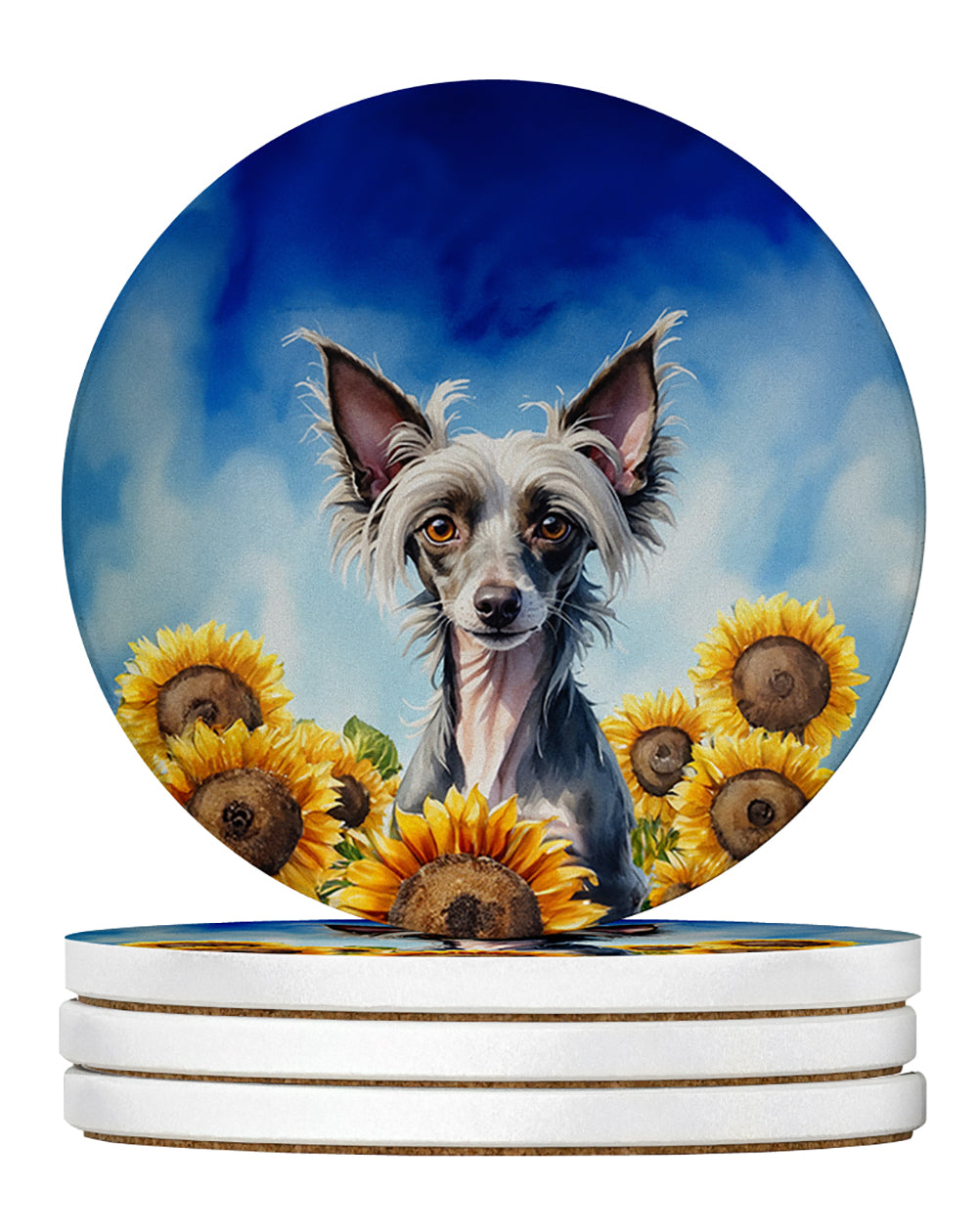 Buy this Chinese Crested in Sunflowers Large Sandstone Coasters Pack of 4