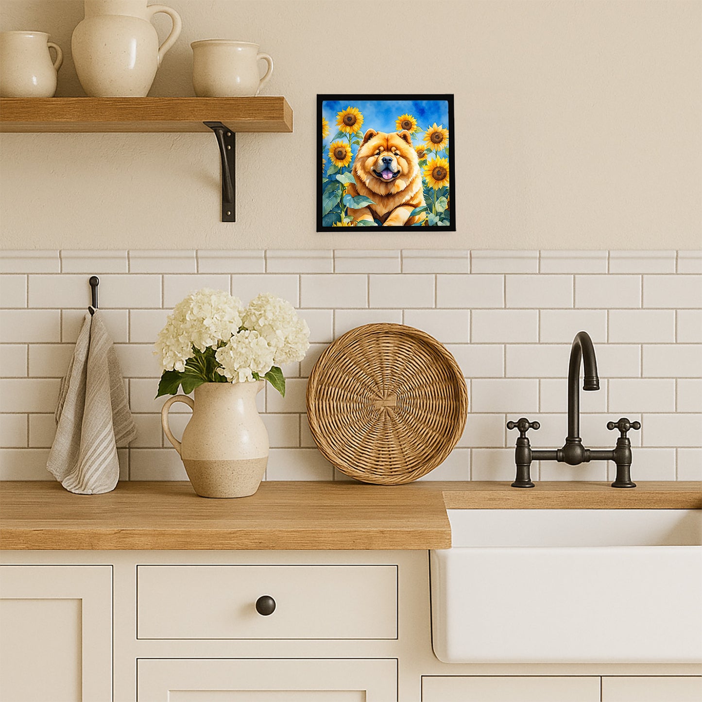 Chow Chow in Sunflowers Framed Metal Print