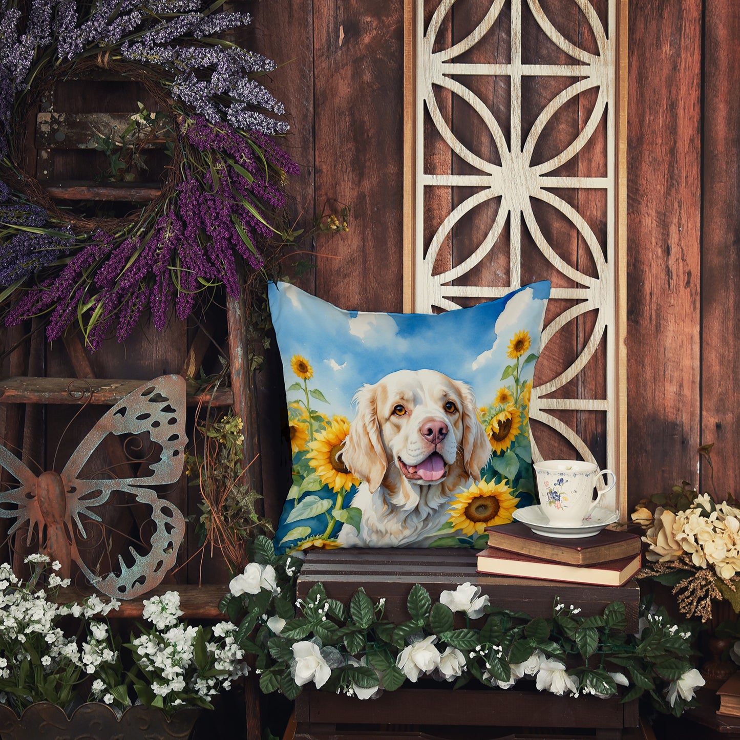 Clumber Spaniel in Sunflowers Throw Pillow