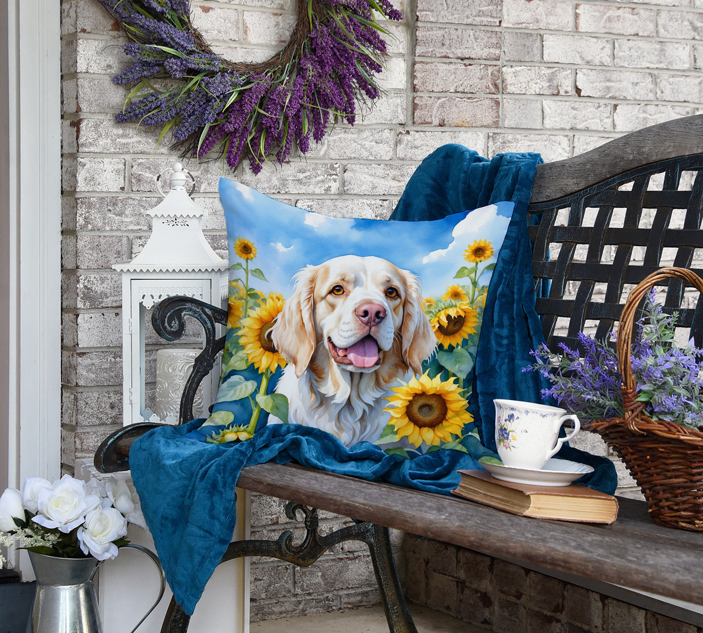 Clumber Spaniel in Sunflowers Throw Pillow