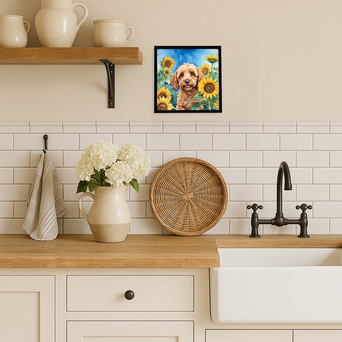 Cockapoo in Sunflowers Framed Metal Print