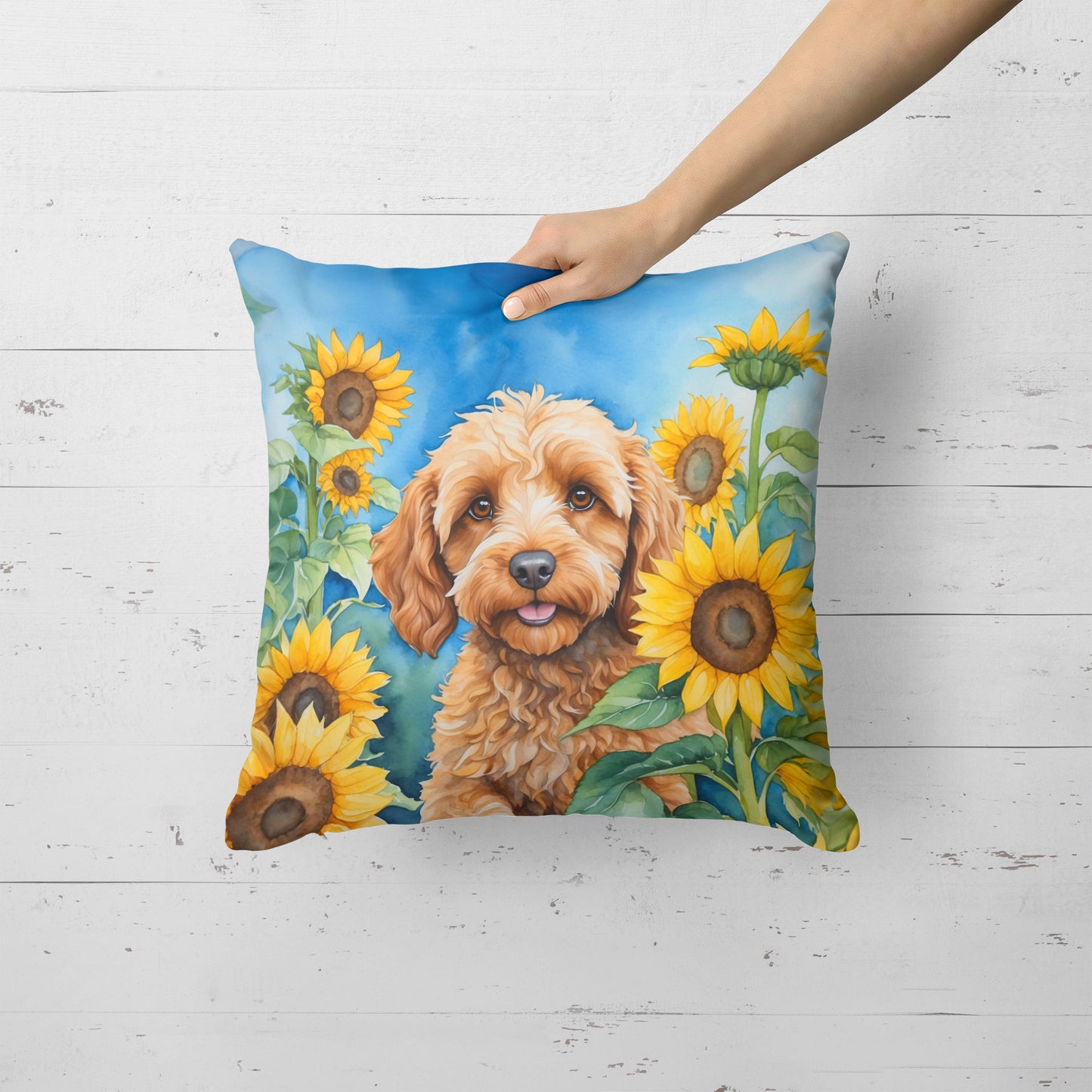 Cockapoo in Sunflowers Throw Pillow