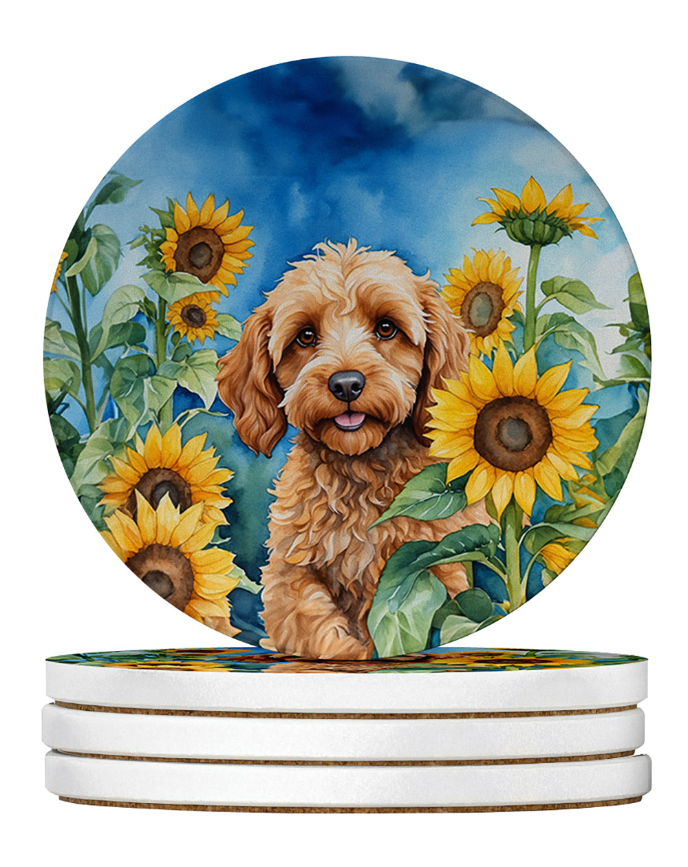 Buy this Cockapoo in Sunflowers Large Sandstone Coasters Pack of 4