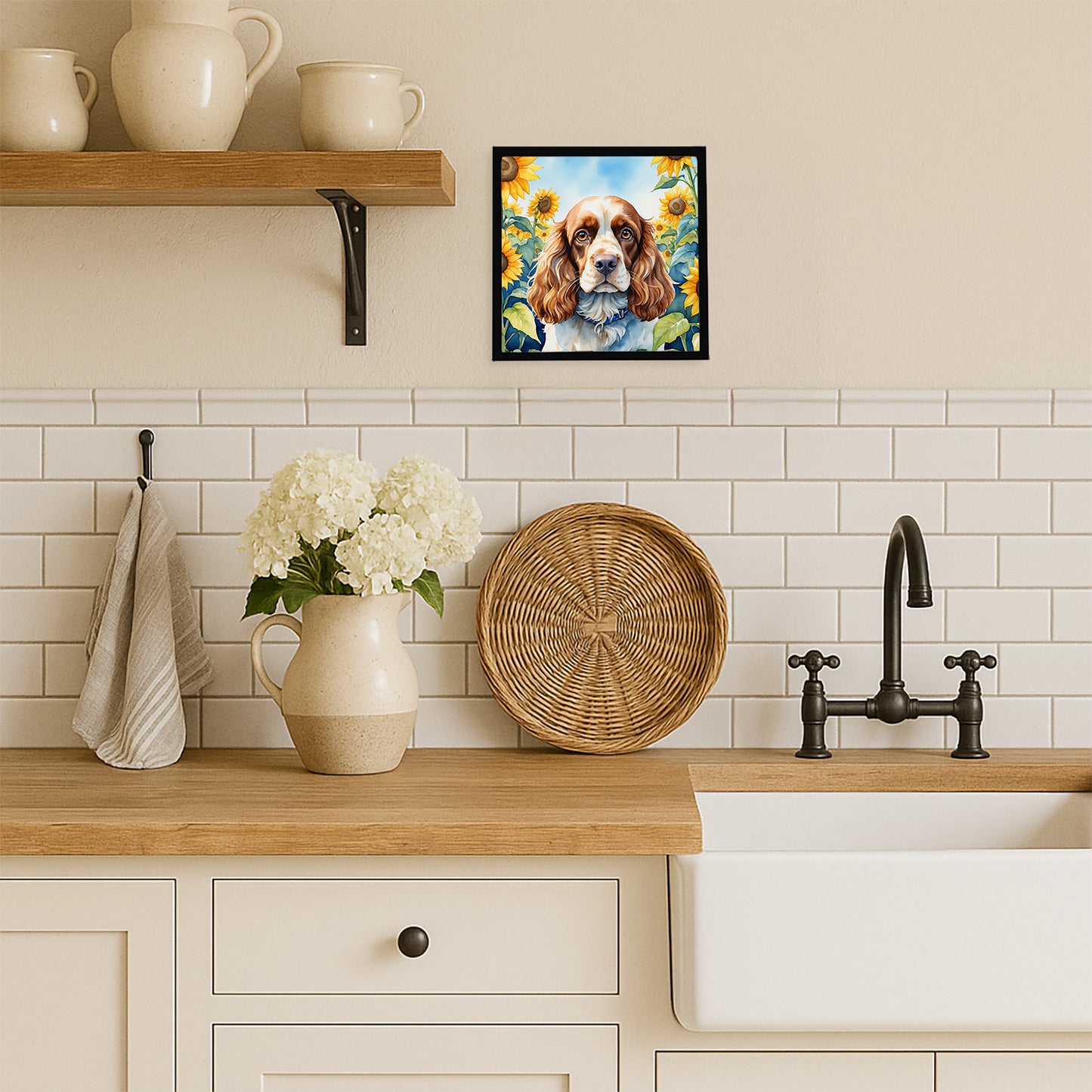 Cocker Spaniel in Sunflowers Framed Metal Print