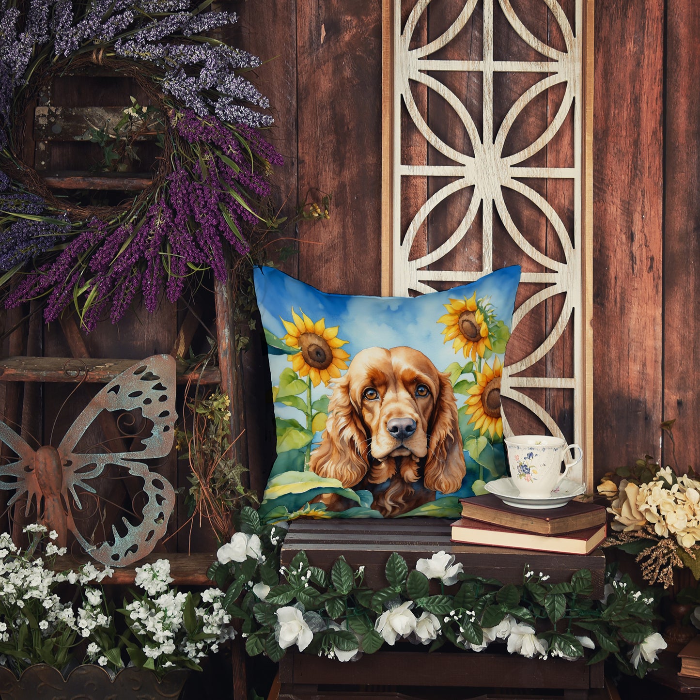 Cocker Spaniel in Sunflowers Throw Pillow