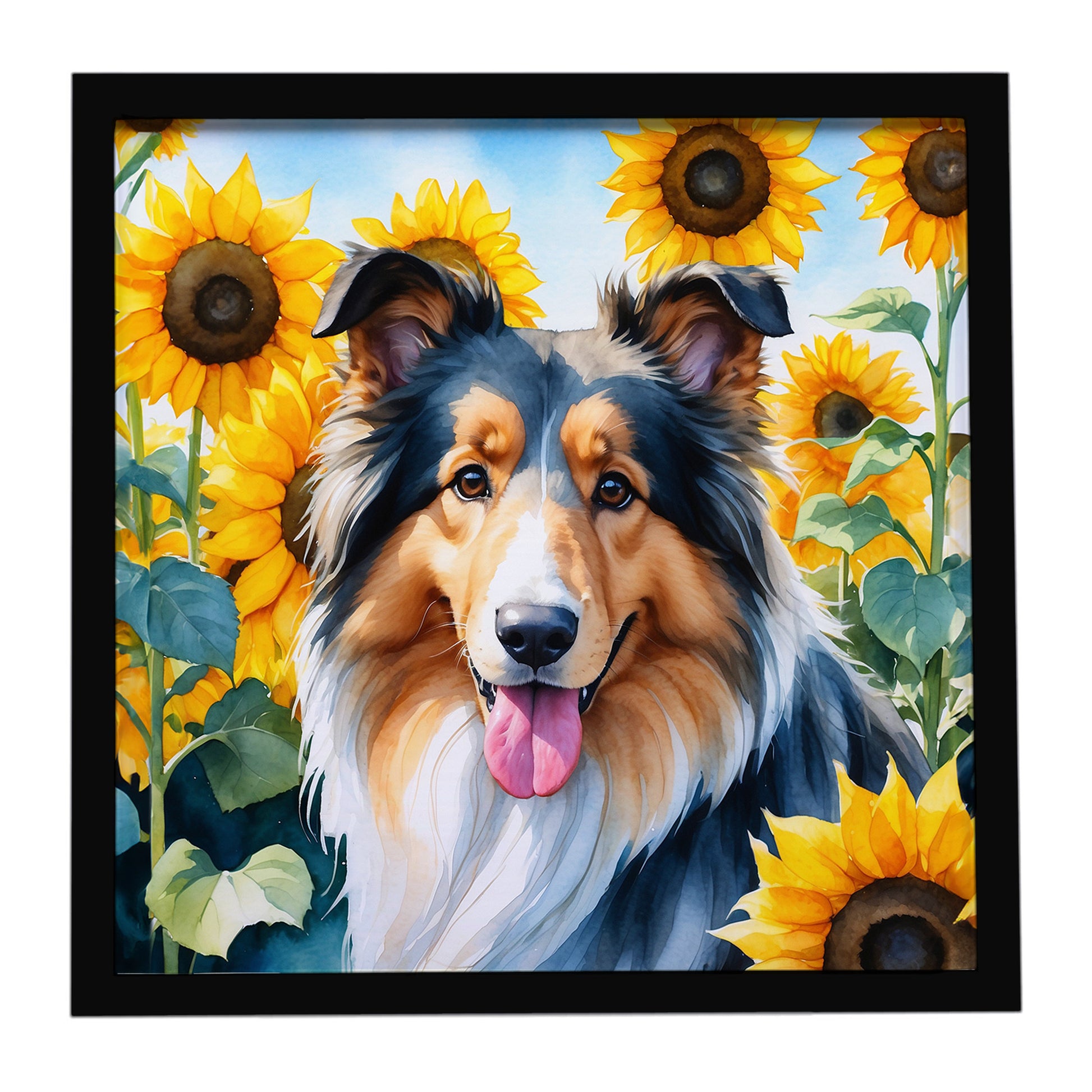 Buy this Collie in Sunflowers Framed Metal Print
