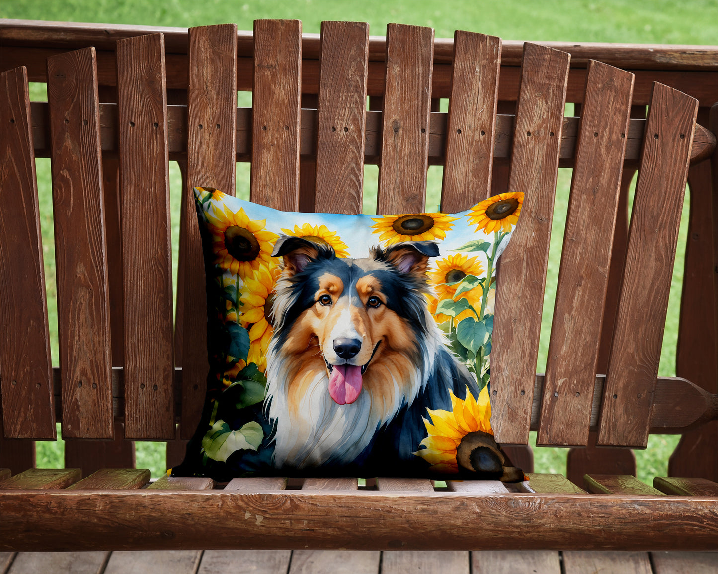 Collie in Sunflowers Throw Pillow