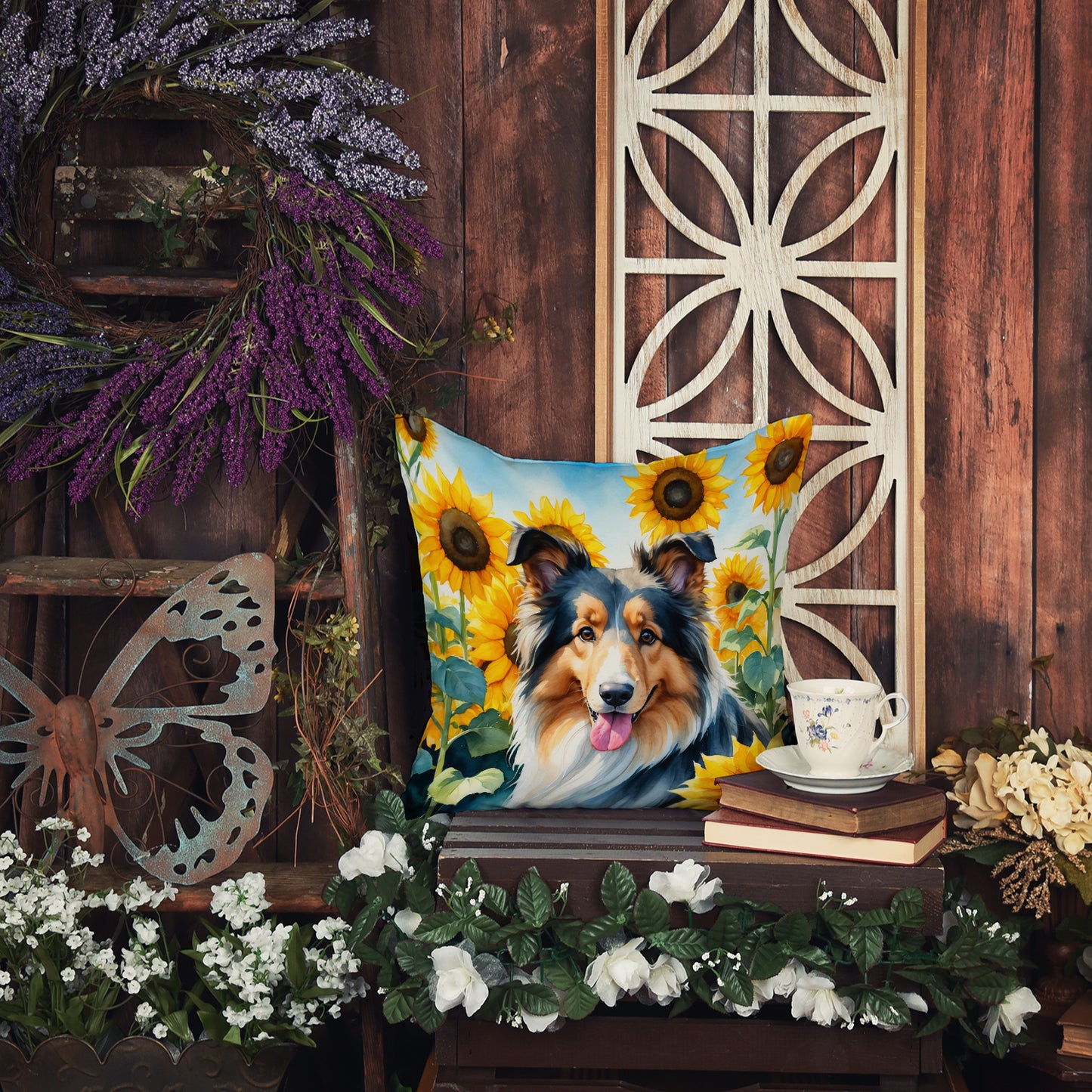 Collie in Sunflowers Throw Pillow