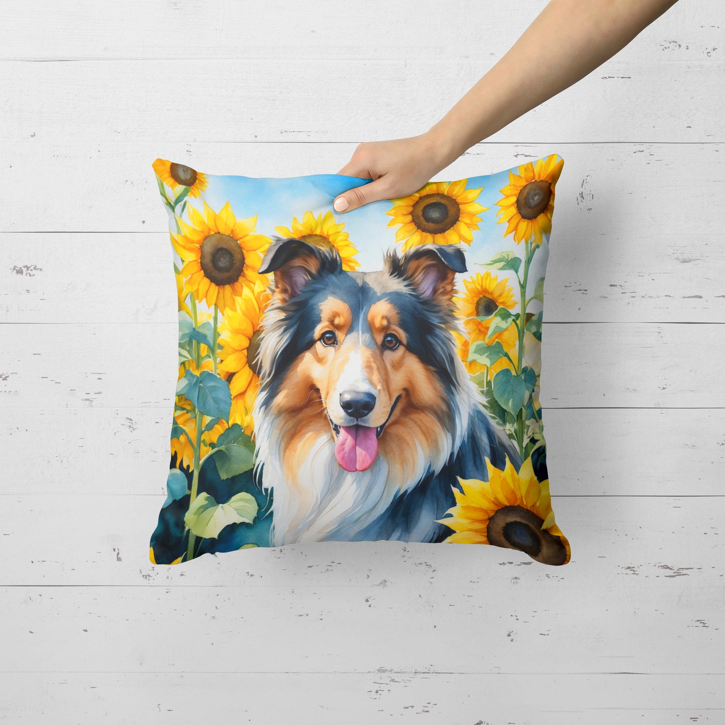 Collie in Sunflowers Throw Pillow