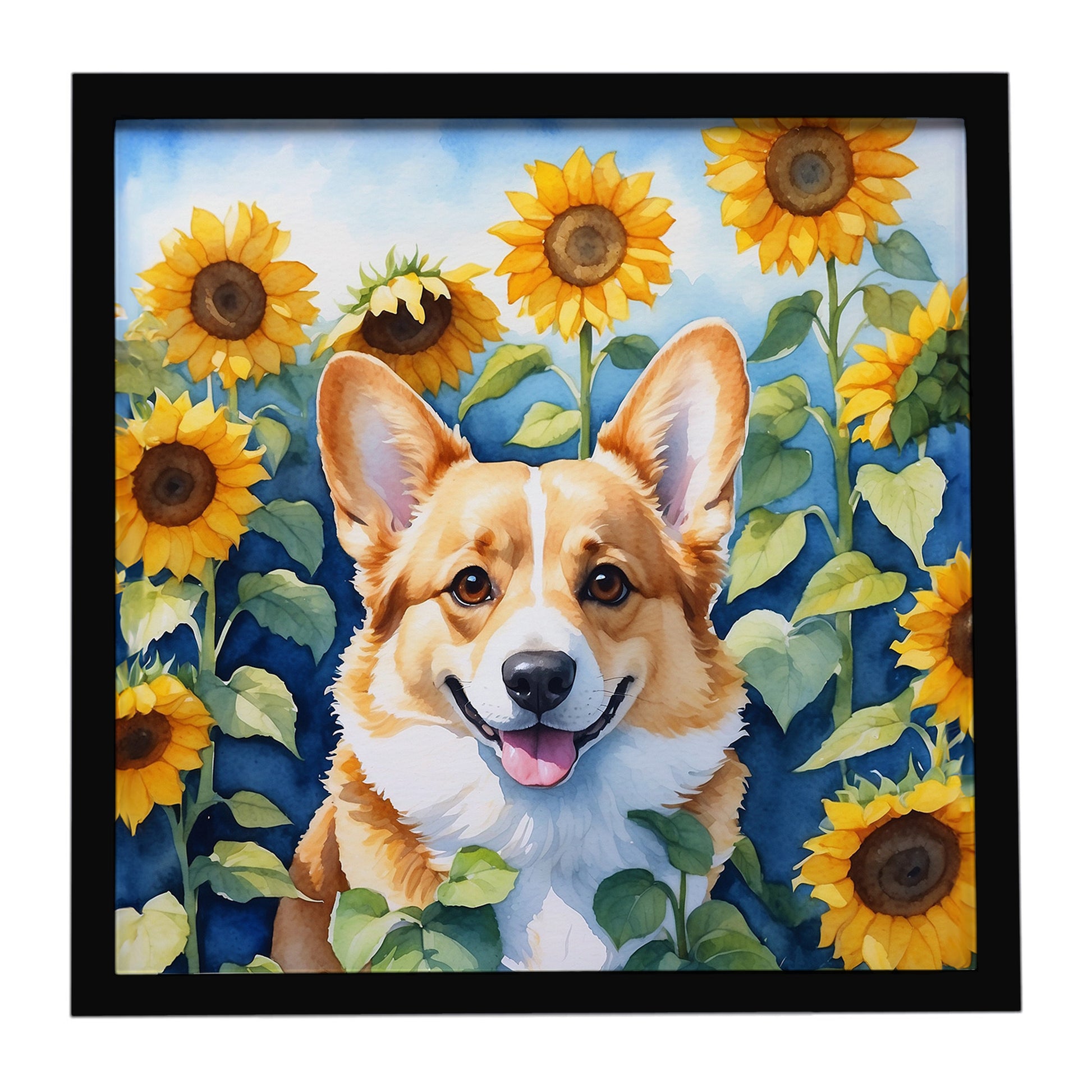 Buy this Corgi in Sunflowers Framed Metal Print