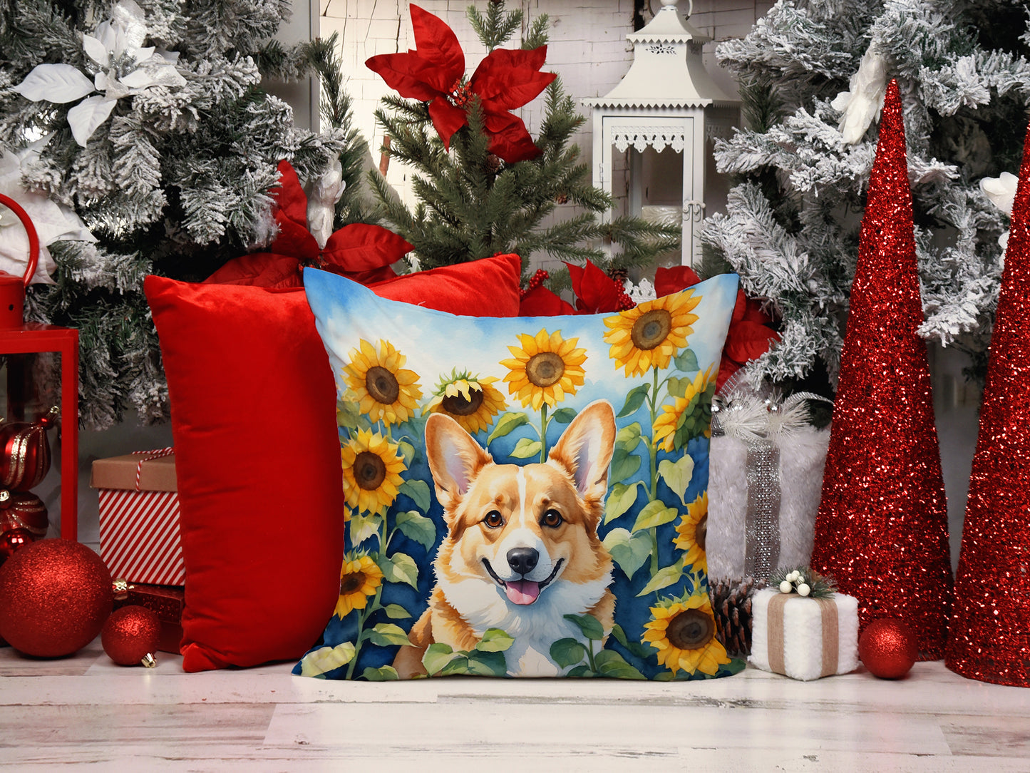 Corgi in Sunflowers Throw Pillow