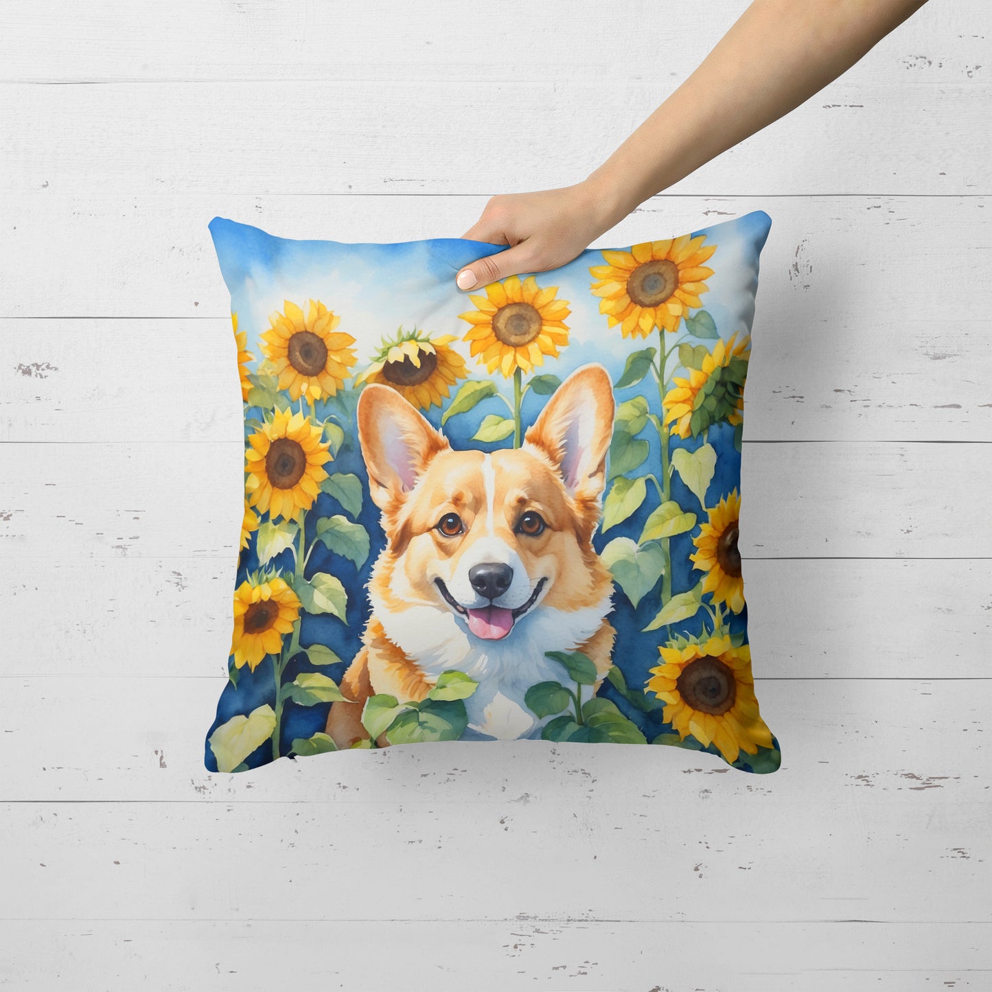 Corgi in Sunflowers Throw Pillow