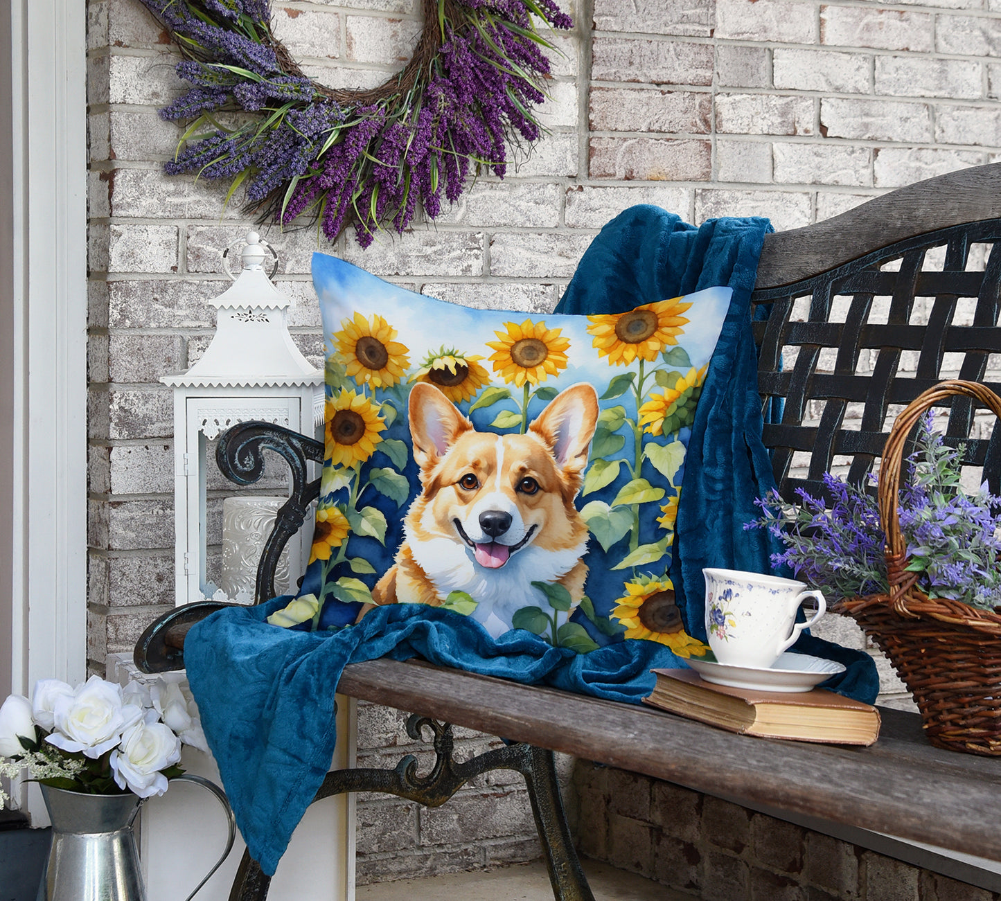 Corgi in Sunflowers Throw Pillow