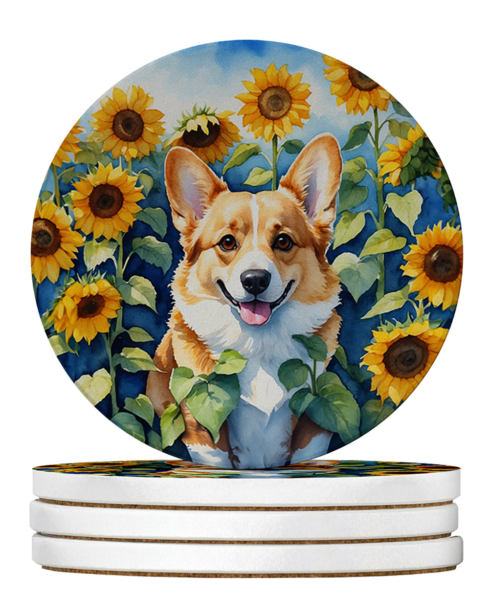 Buy this Corgi in Sunflowers Large Sandstone Coasters Pack of 4