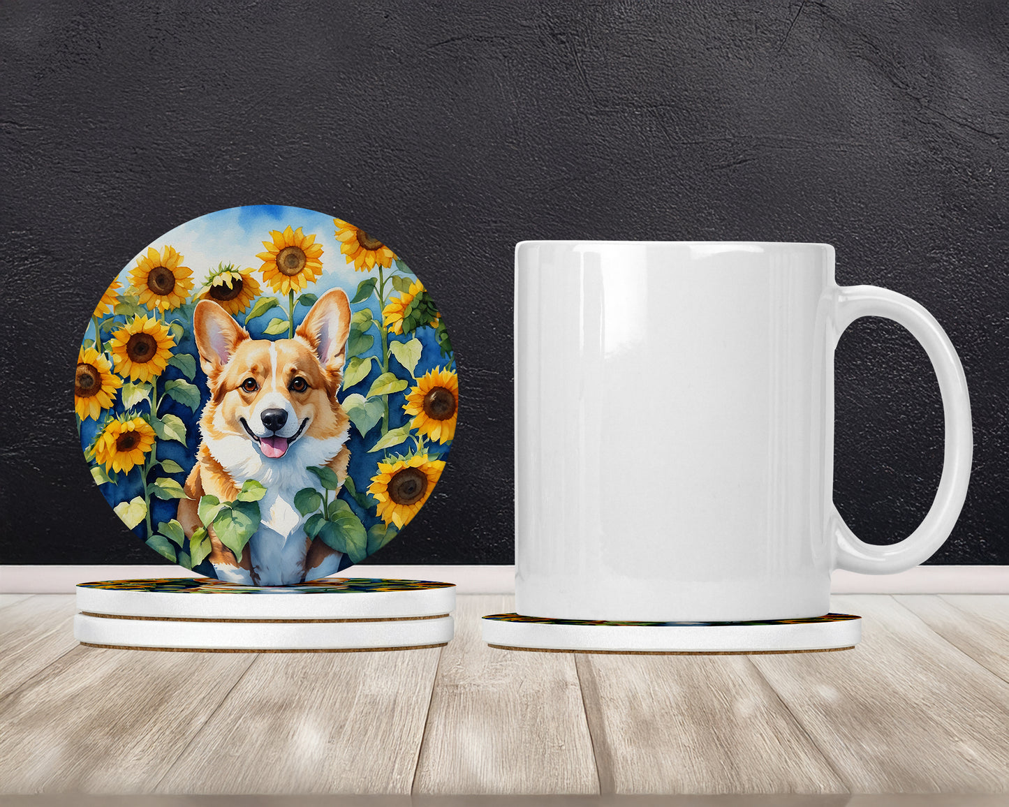 Corgi in Sunflowers Large Sandstone Coasters Pack of 4