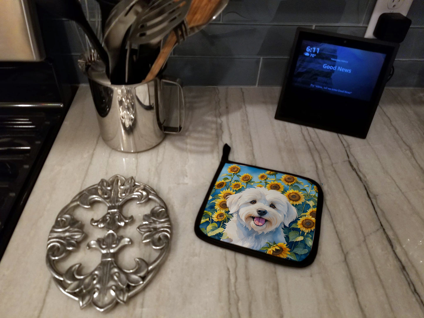 Coton de Tulear in Sunflowers Pair of Pot Holders
