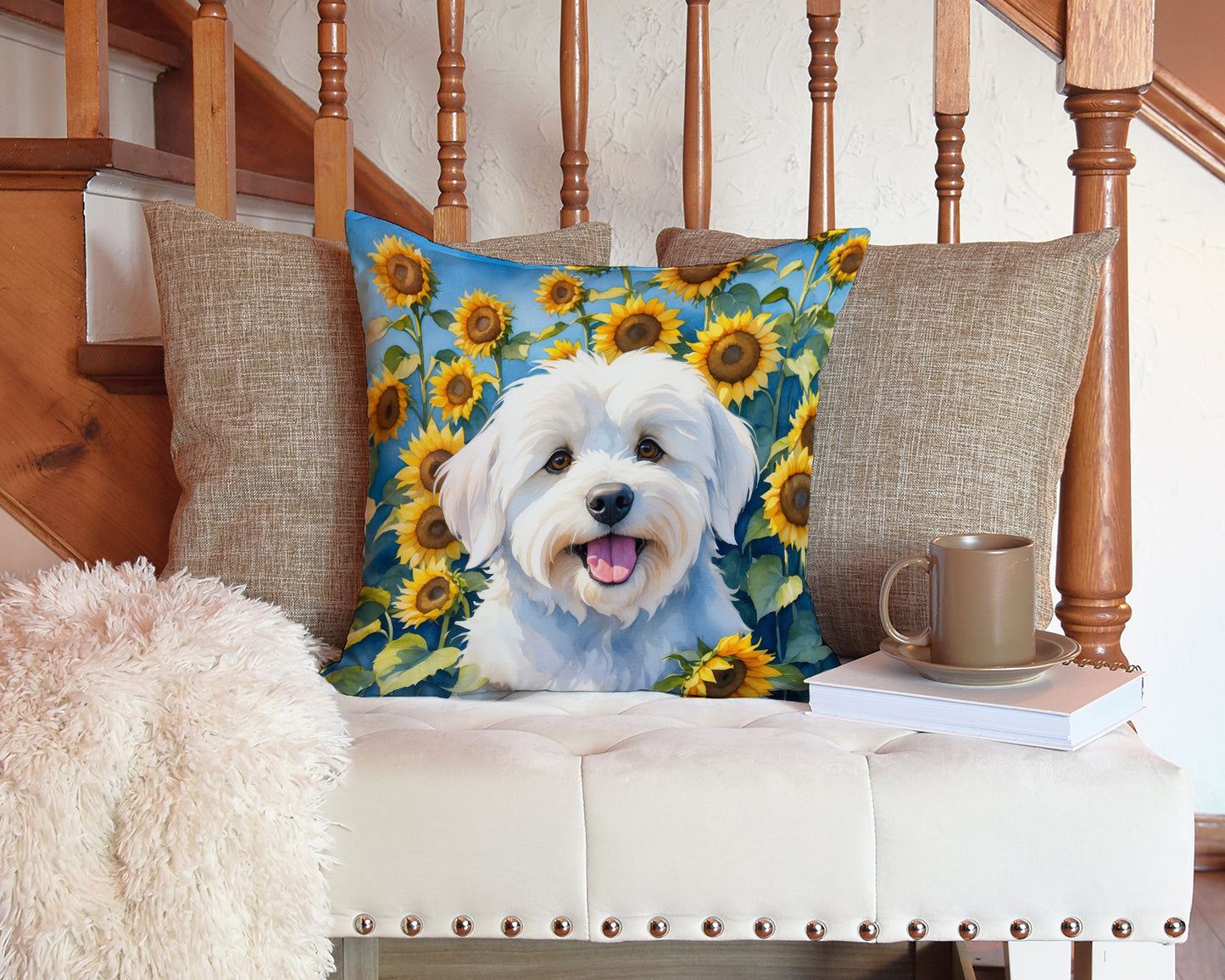 Coton de Tulear in Sunflowers Throw Pillow