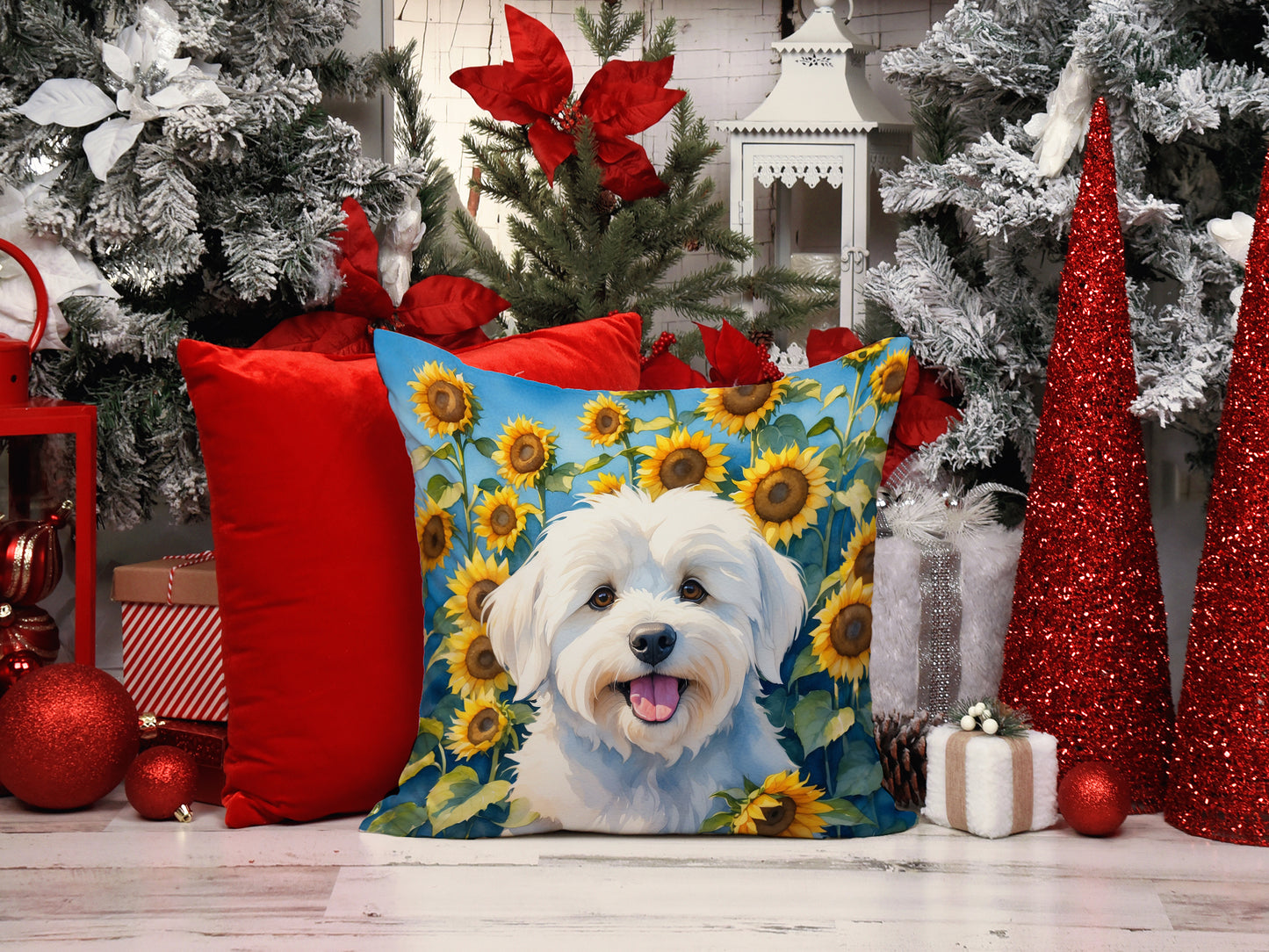 Coton de Tulear in Sunflowers Throw Pillow