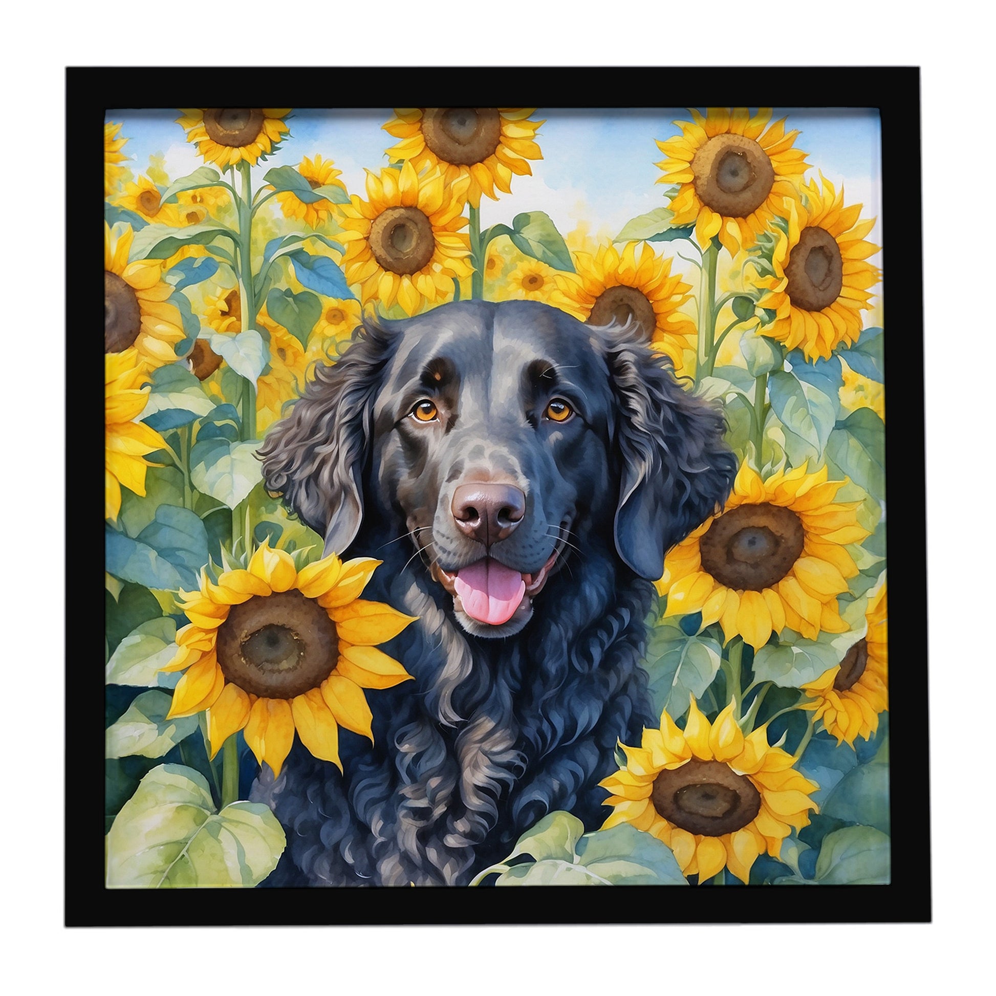 Buy this Curly-Coated Retriever in Sunflowers Framed Metal Print