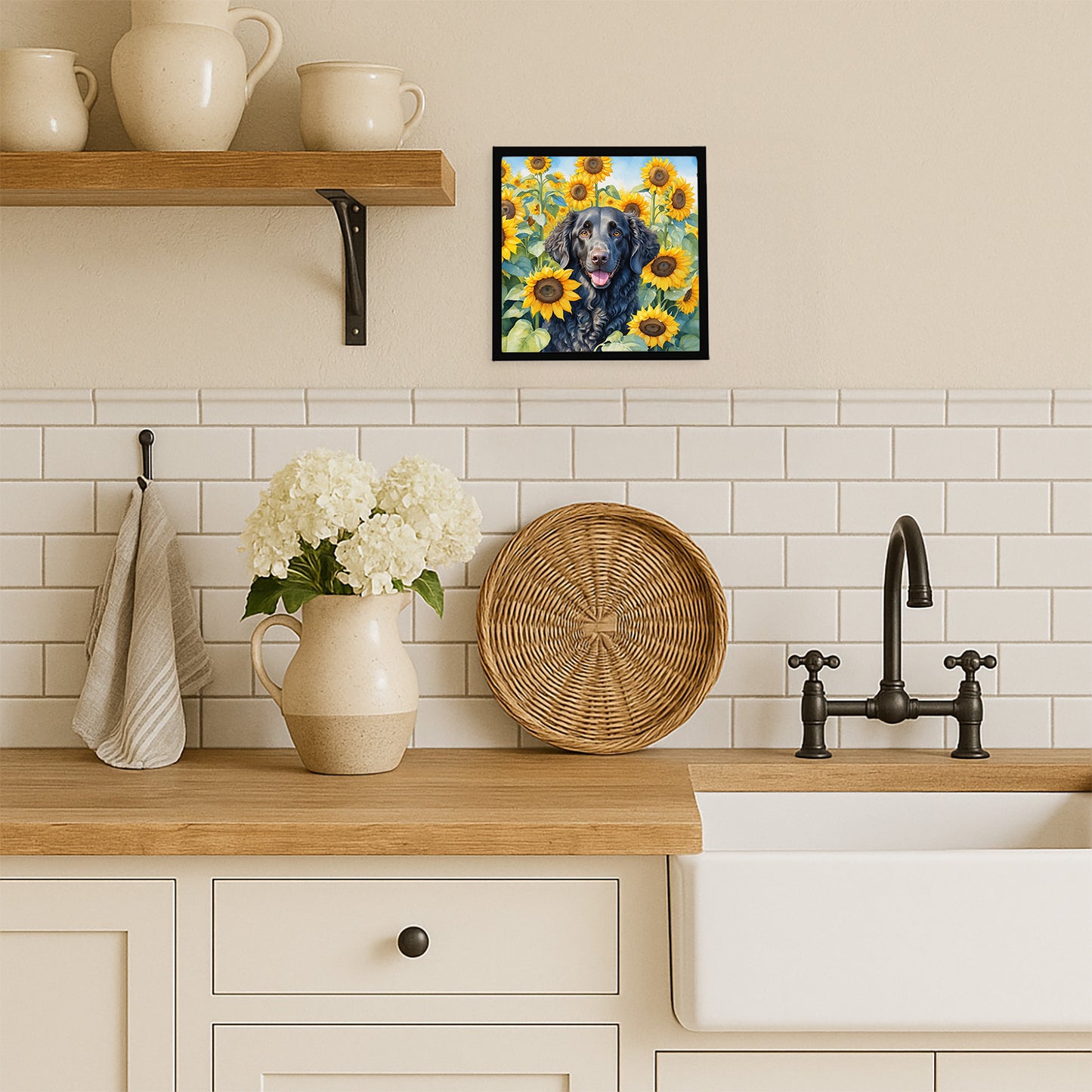 Curly-Coated Retriever in Sunflowers Framed Metal Print