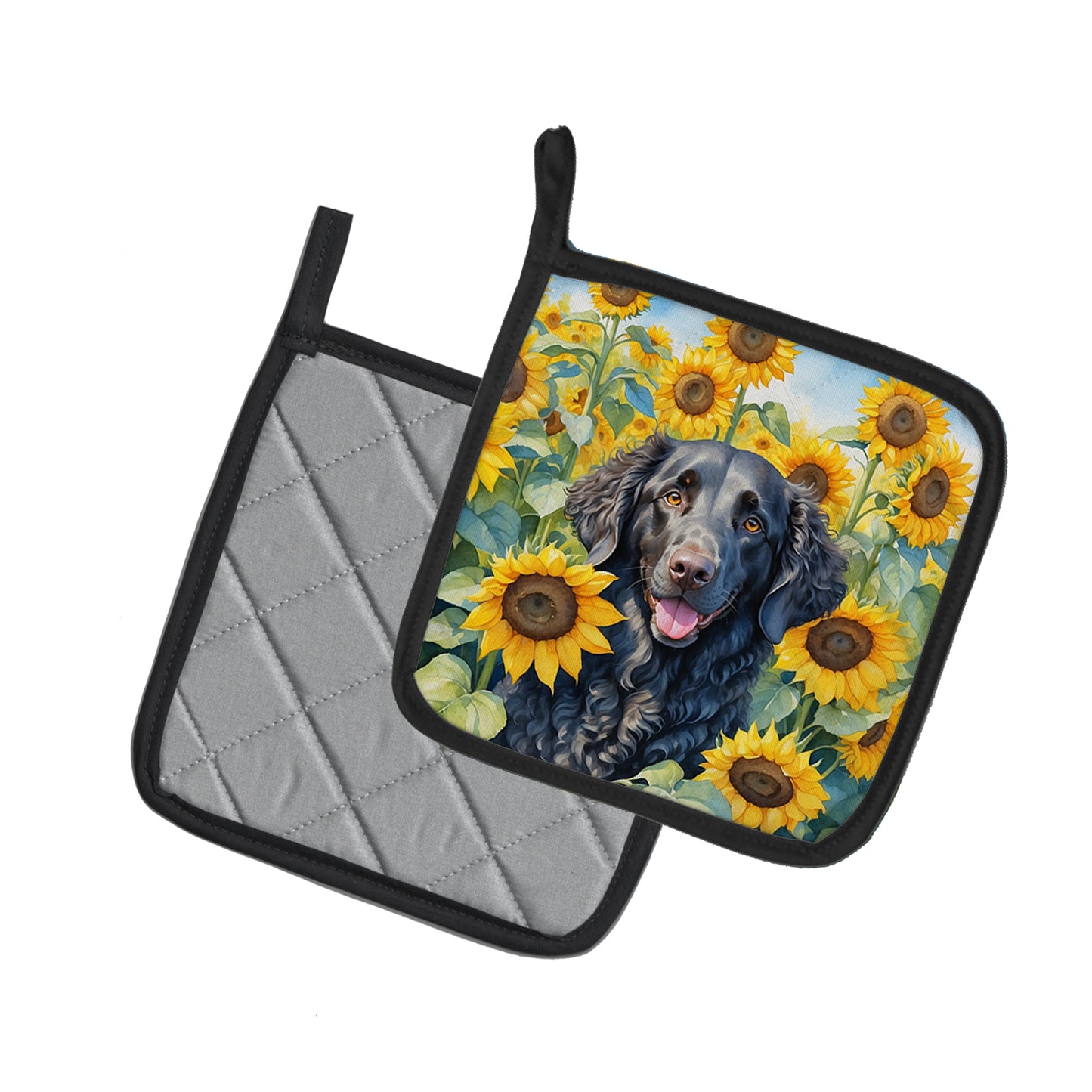 Curly-Coated Retriever in Sunflowers Pair of Pot Holders