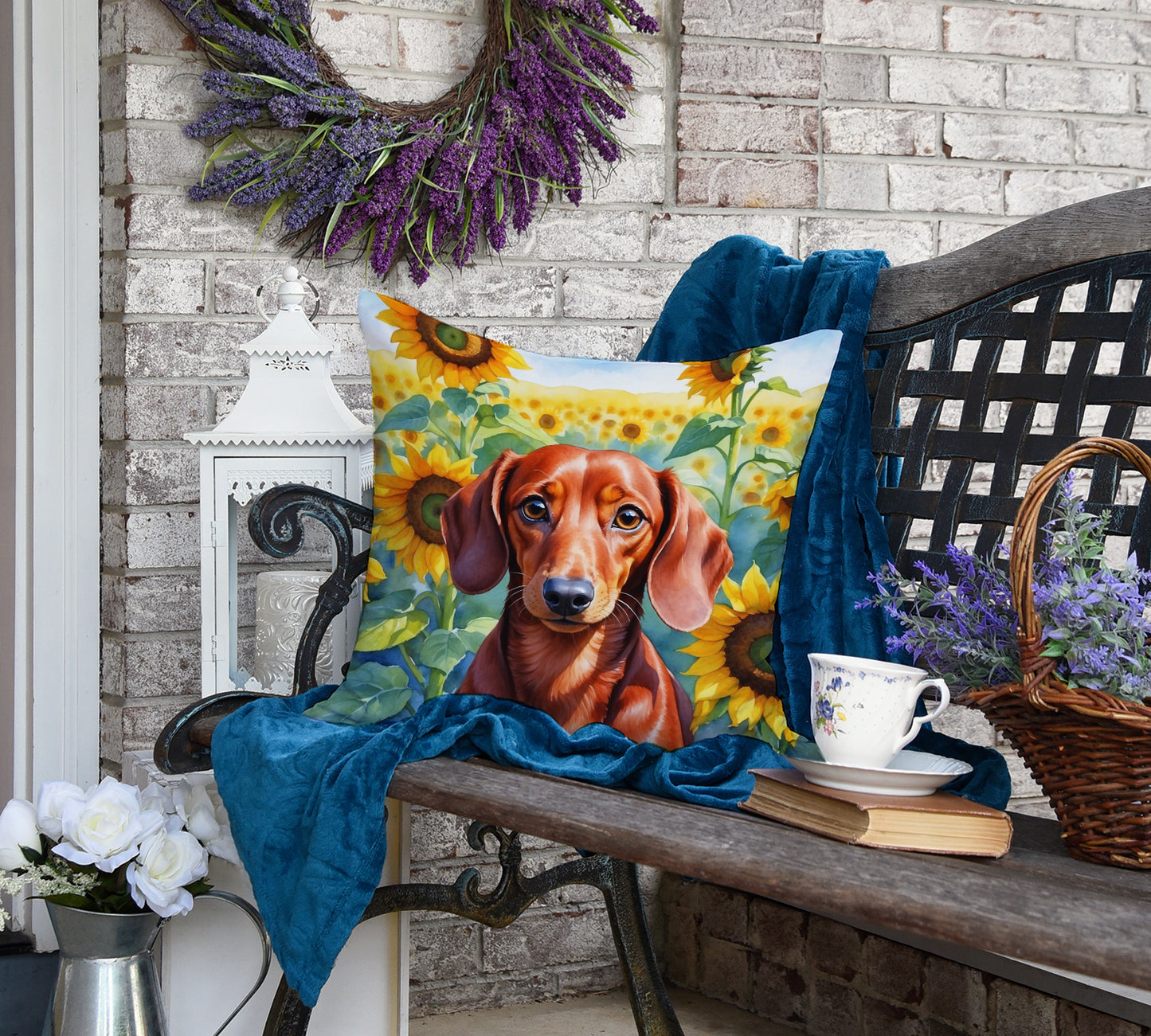 Dachshund in Sunflowers Throw Pillow