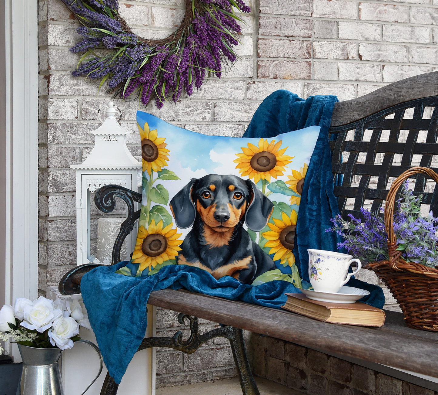 Dachshund in Sunflowers Throw Pillow