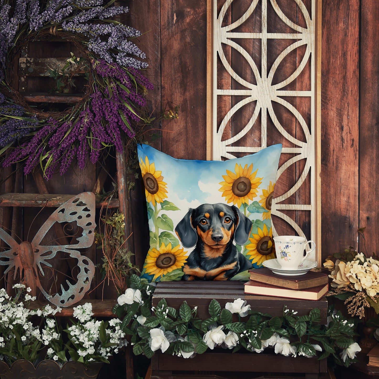 Dachshund in Sunflowers Throw Pillow